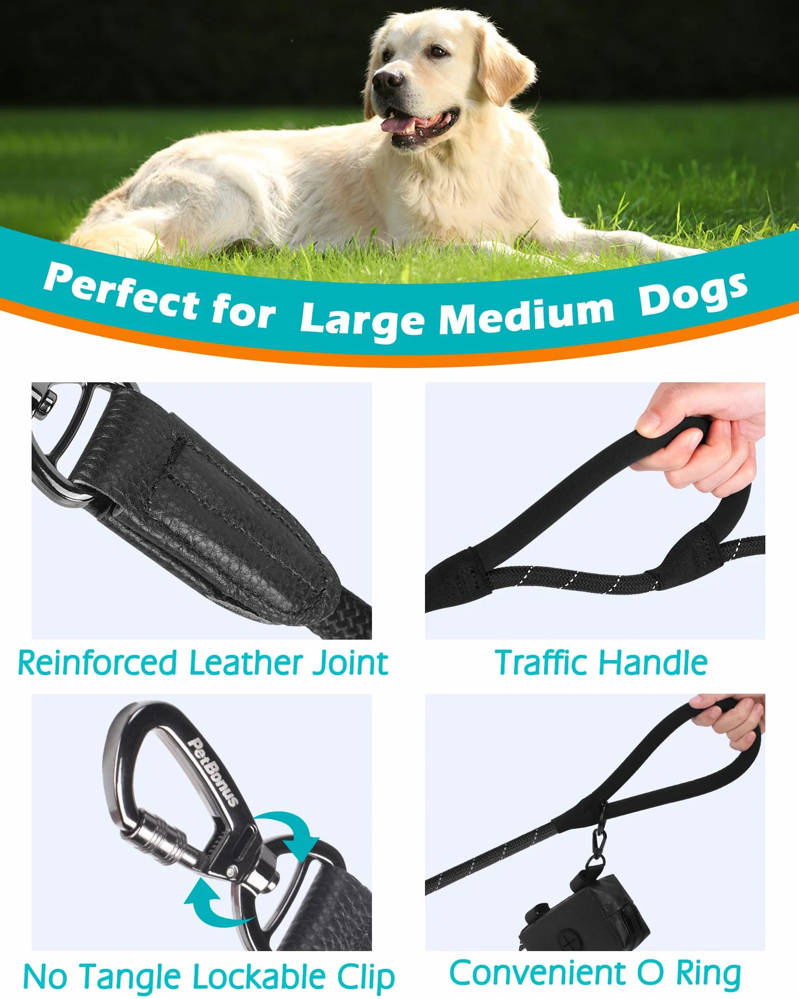 PetBonus Laisse Chien Double Poignée 1,5m Dressage Robuste Mousqueton Verrouillable Réfléchissante Noir