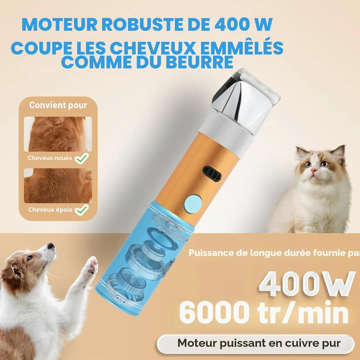 CGOLDENWALL 400W Tondeuse Chien Tondeuse à Moutons Électrique Rechargeable Tête de Coupe Peigne Limite Intégrés Amovible 5H en Veille Faible Bruit (3MM+6MM) | Professionnelle, <50dB, 5h Veille, Rechargeable, Anti-Poils Longs, Tous Poils