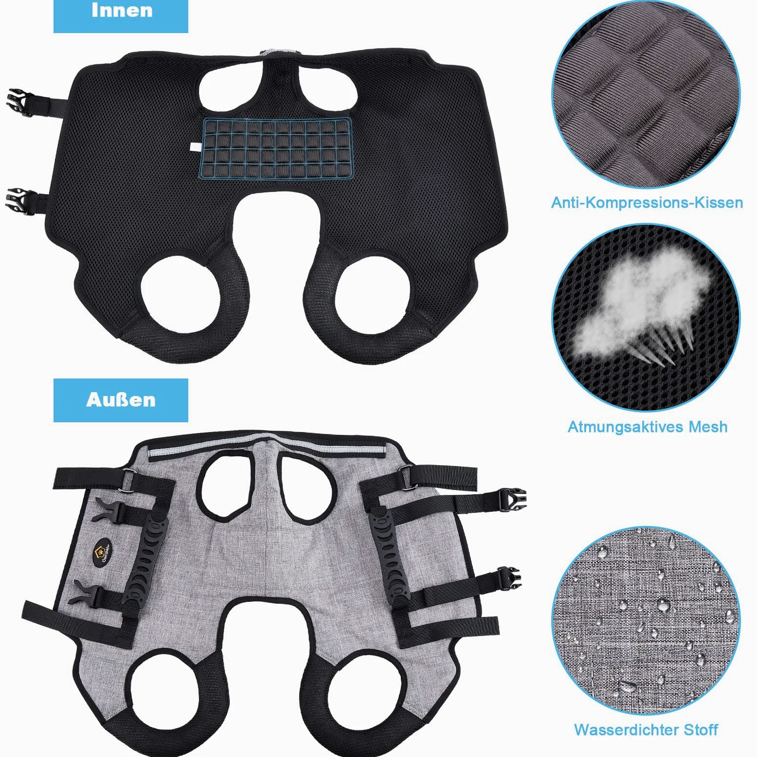 Ownpets Harnais de levage pour chiens de grande taille, harnais d'aide pour chien, doux, imperméable, réglable, réfléchissant, respirant, gris, XXXL