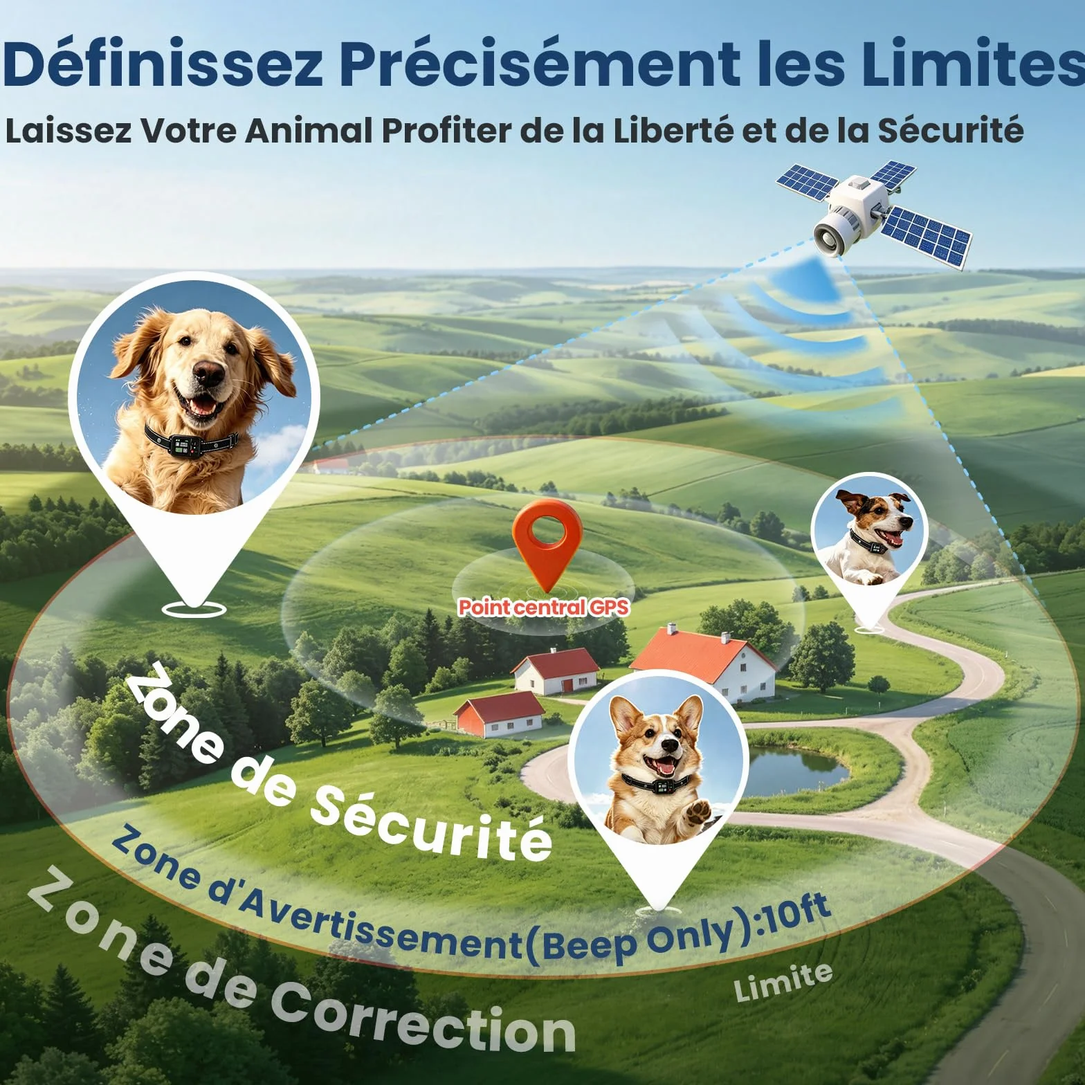 Collier Anti Fugue Chien sans Fil GPS avec Écran Couleur, Clôture GPS Intelligente Haute Précision, Réglable 30-999M, IPX7 Étanche