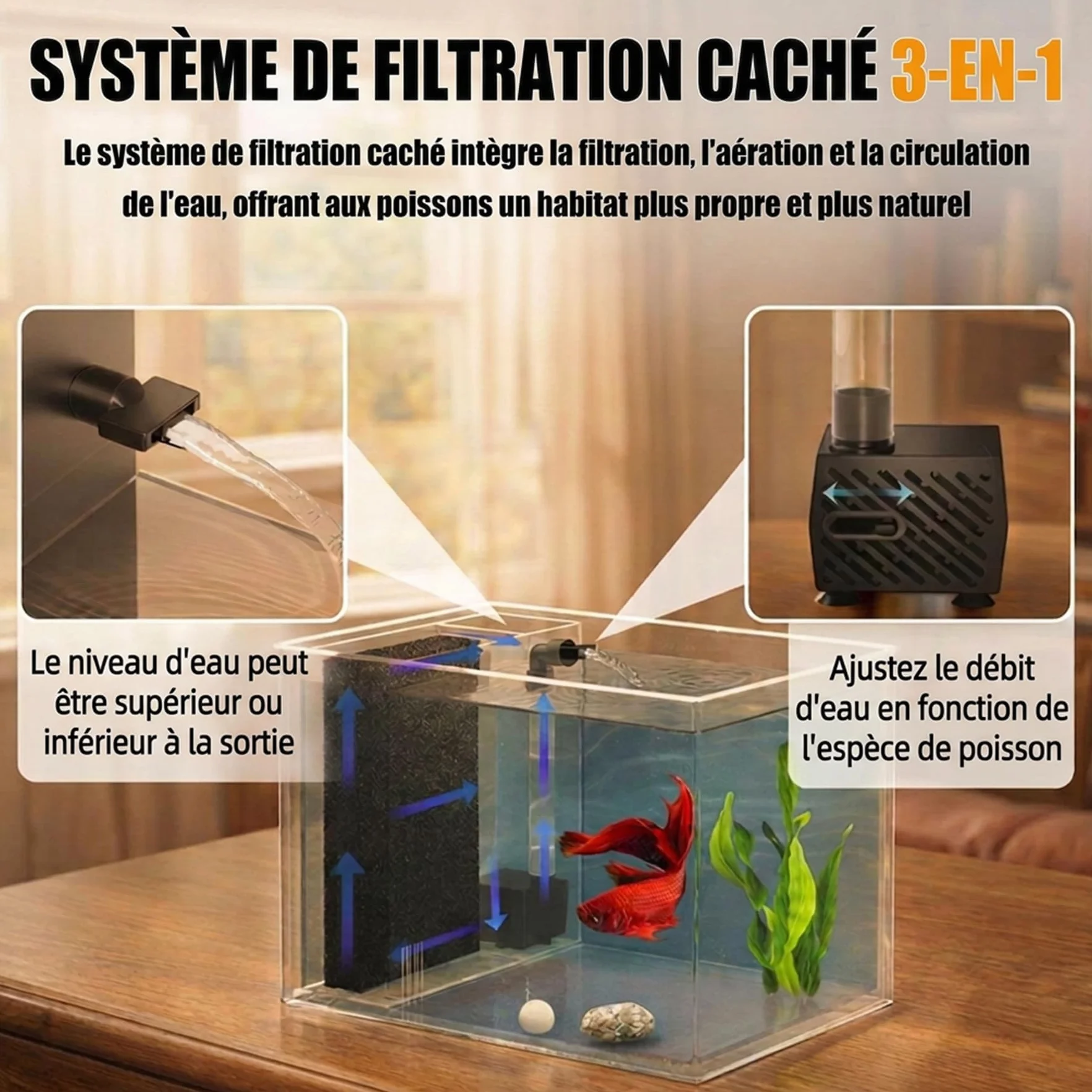 Petit Aquarium Complet 3,7L en Acrylique avec Pompe de Filtration et éclairage LED pour Betta, Crevettes, Plantes (Noir)