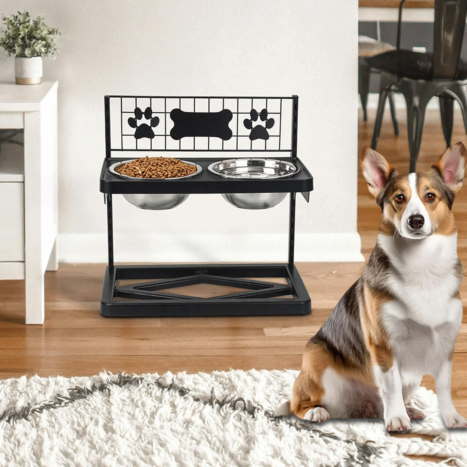 Zerodis Fournitures pour Chiens Support de Gamelle surélevé en Métal pour Chien Support de Gamelle surélevé Réglable en Hauteur avec 2 Récipients d'eau et de Nourriture en Acier Inoxydable pour