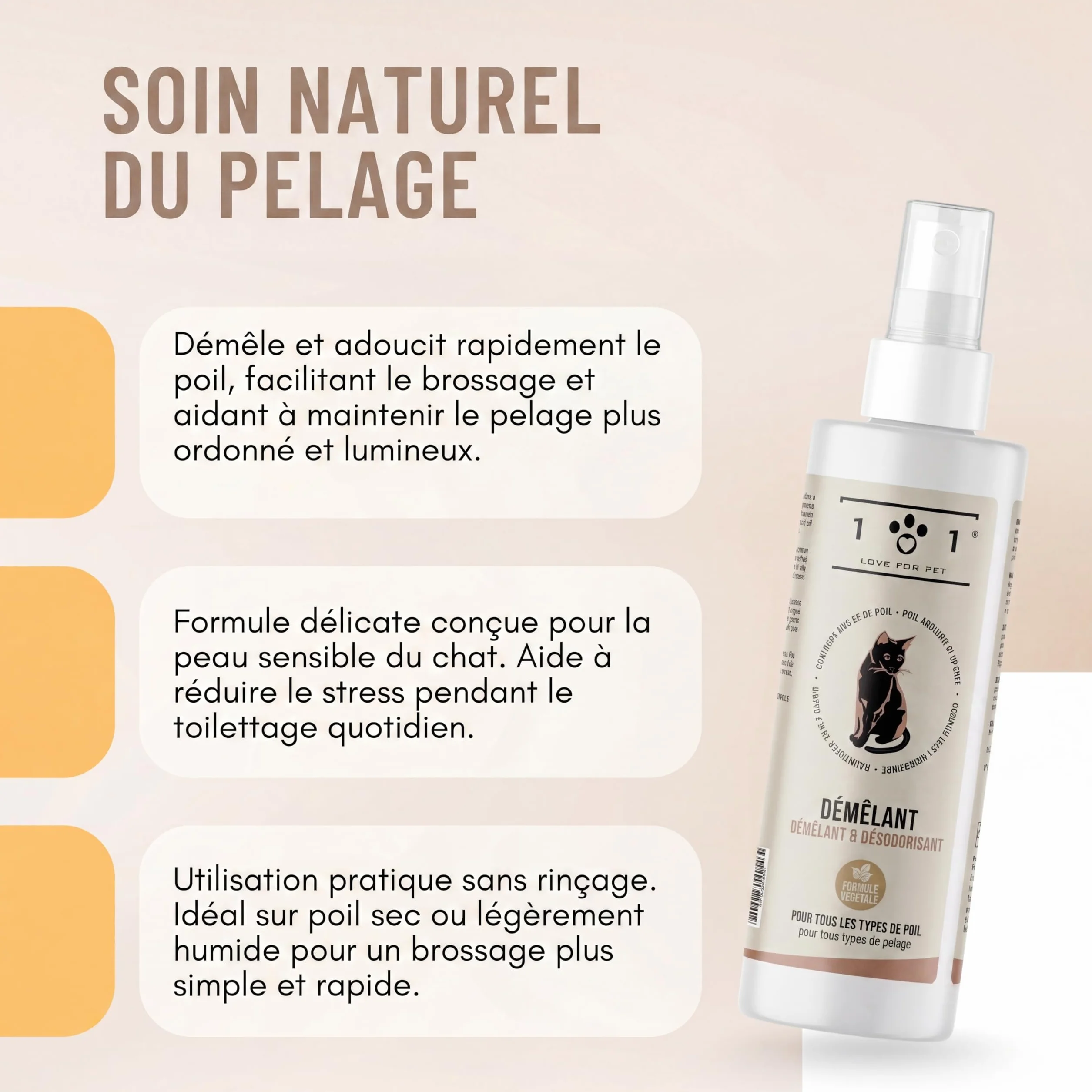 Linea 101 Démêlant Chat Poils Longs 250 ML Spray Soin Vegan sans Rinçage