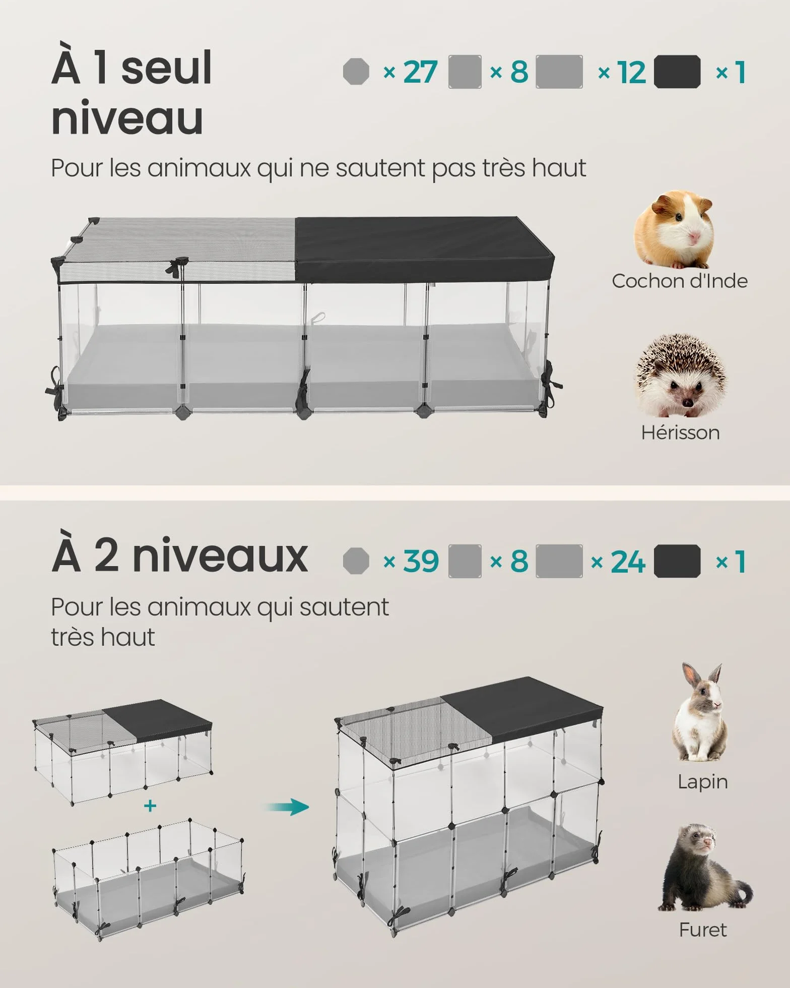 SONGMICS Enclos pour Petits Animaux 144x74x47 cm Blanc Nuage LPC015W01
