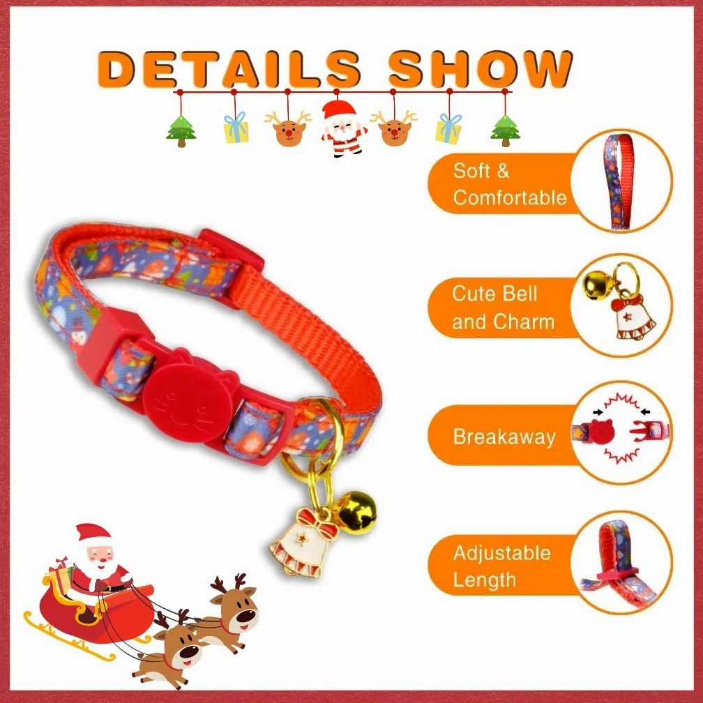 Lot de 2 colliers de Noël pour chat avec clochettes et breloques festives, boucle de sécurité, collier réglable pour chaton et chat adulte