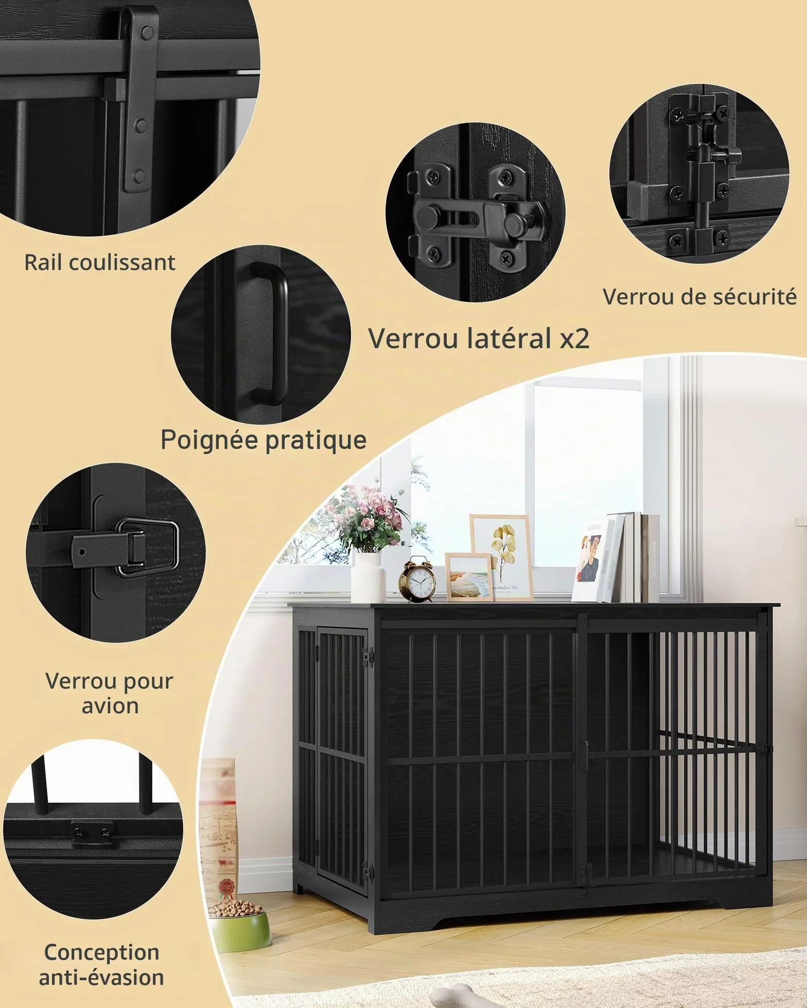 Hzuaneri Cage pour Chiens 110cm Table d’Appoint Niche Moderne 2 Portes 110 × 65 × 81 cm Noire