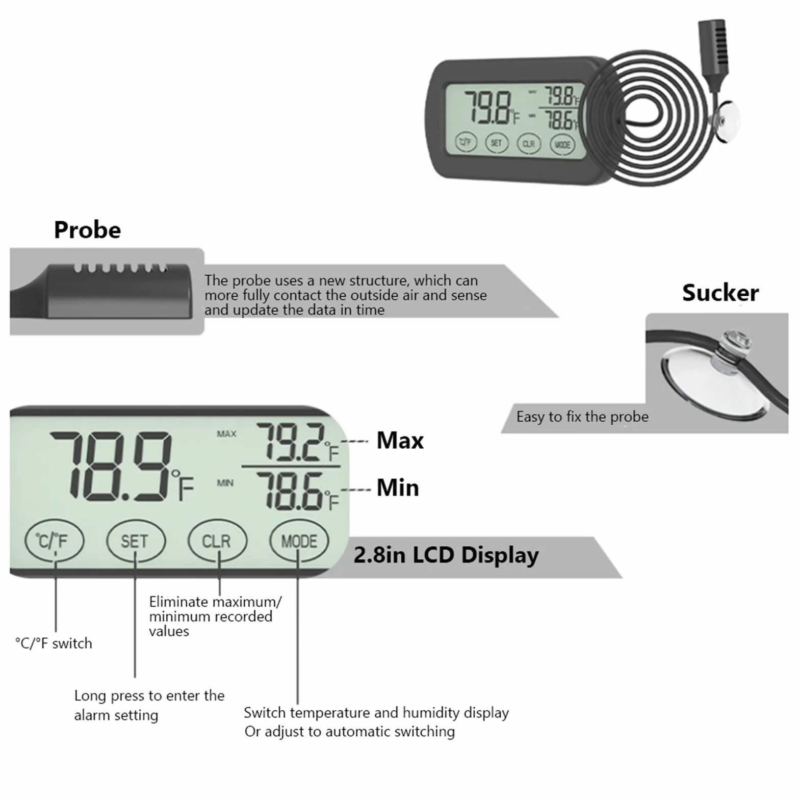 Thermomètre et hygromètre LCD pour couveuse d’œufs, moniteur numérique température humidité avec ventouse