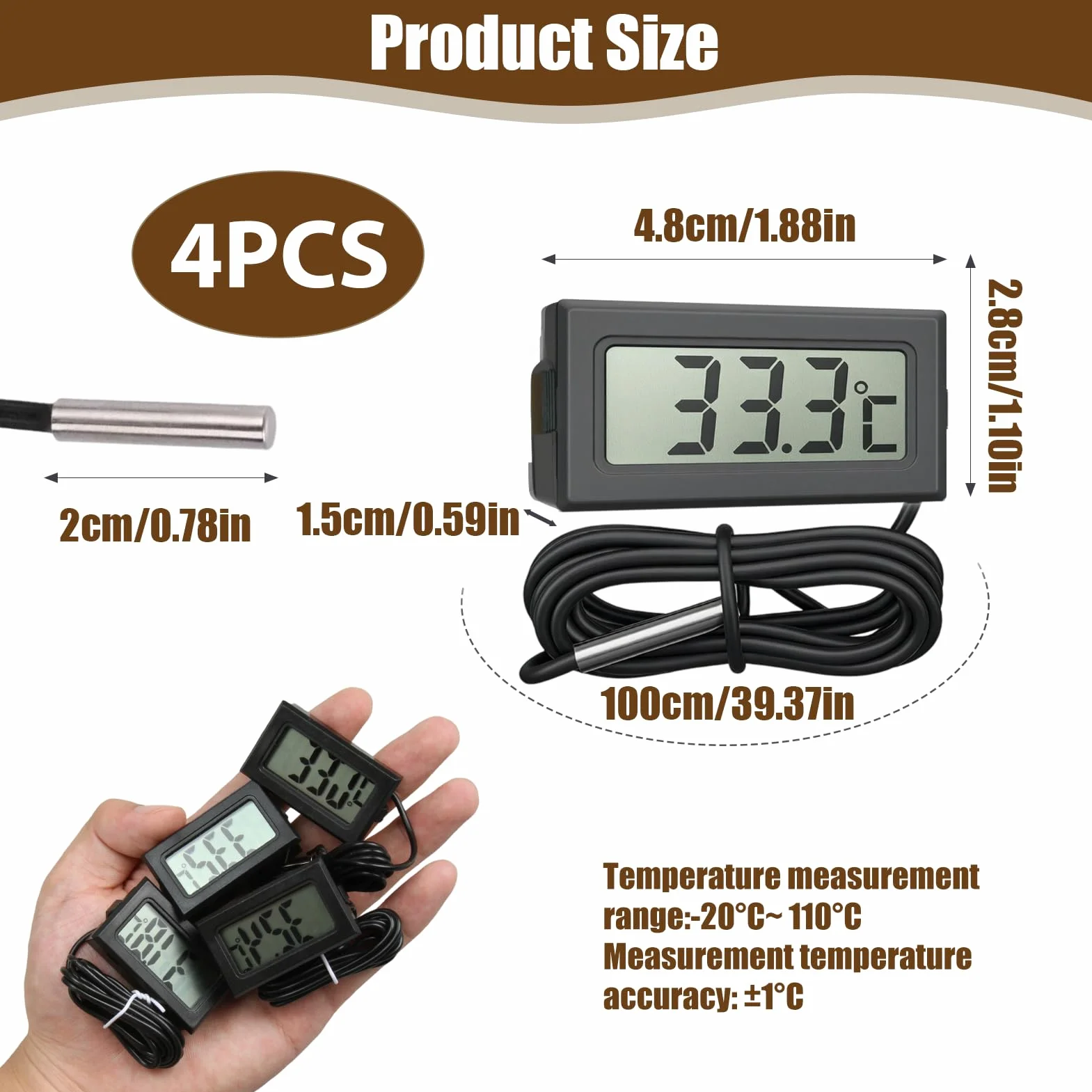 Thermomètre Numérique Mini LCD Moniteur de Température avec Sonde Externe 1m pour Reptiles Réfrigérateur Congélateur Aquarium