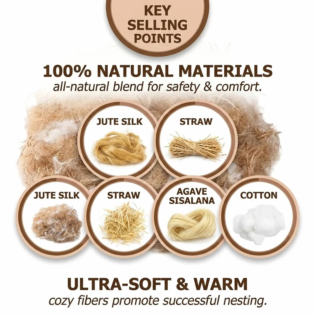 Matériau Naturel pour Nidification d'Oiseaux, Mélange Paille Jute Soie Coton, 40g