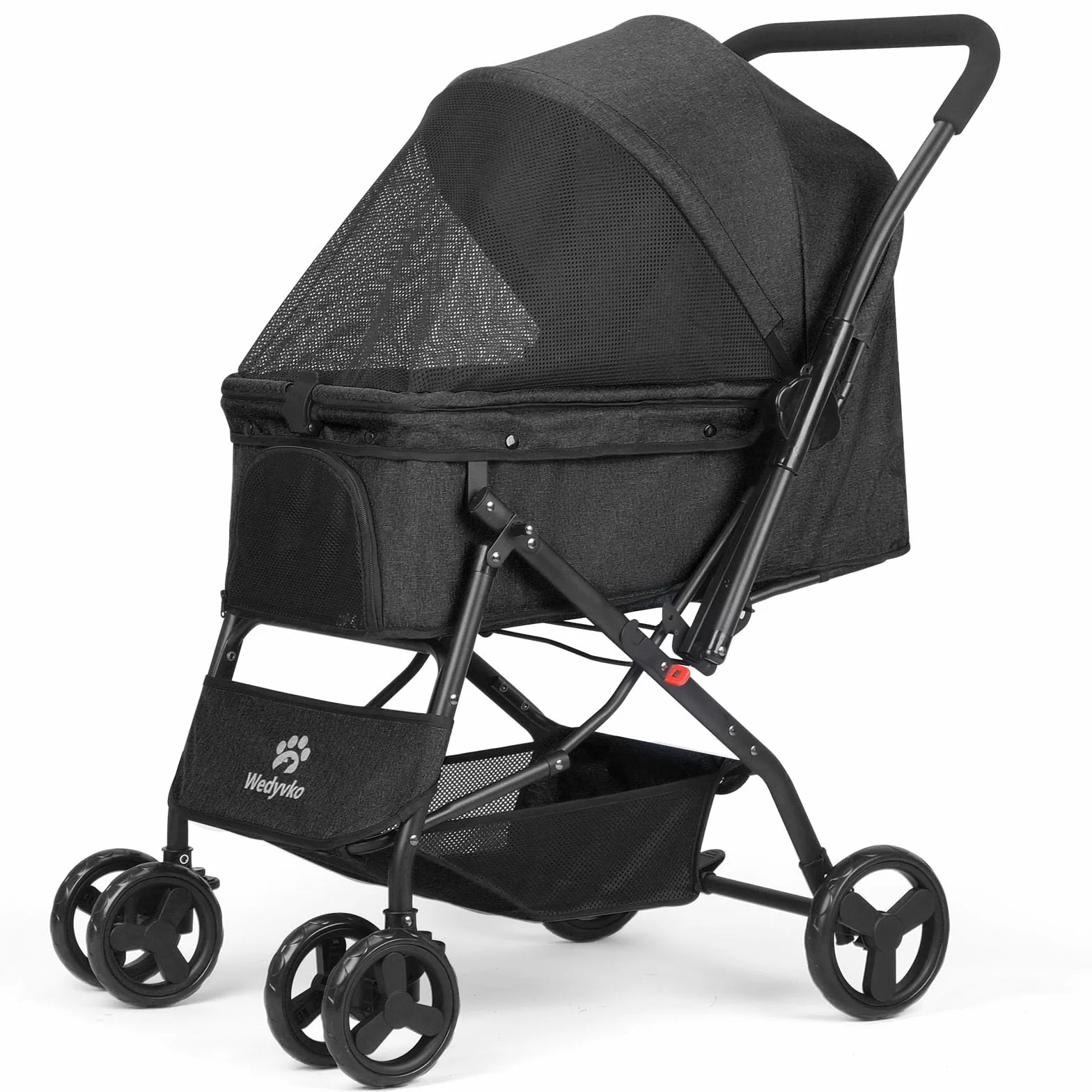 Poussette pliable pour animal de compagnie noir 4 roues avec panier de rangement et roue avant 360° frein