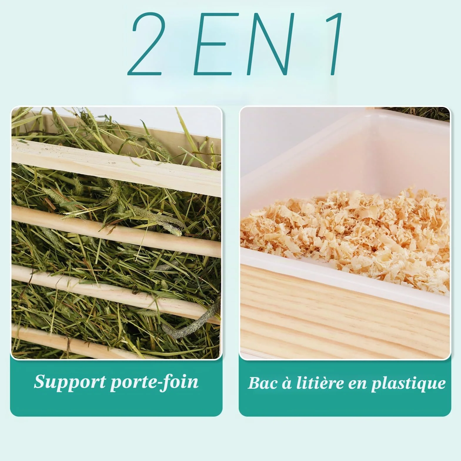 Râtelier à foin 2 en 1 en bois pour hamster avec distributeur automatique et bac à litière