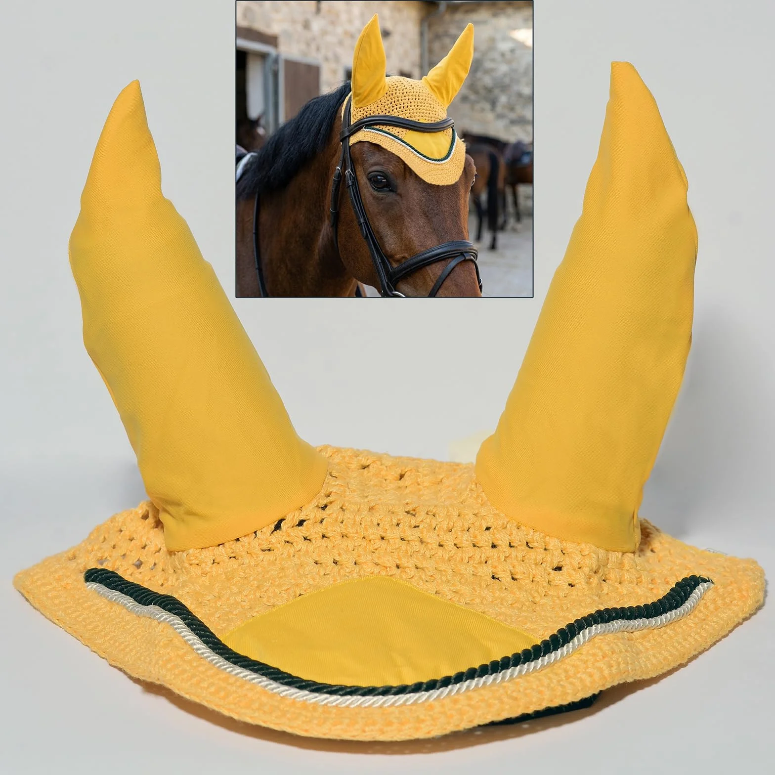 Spire Voile de protection pour cheval en coton respirant doux au crochet - Masque de protection contre les mouches (complet, jaune/noir/blanc)