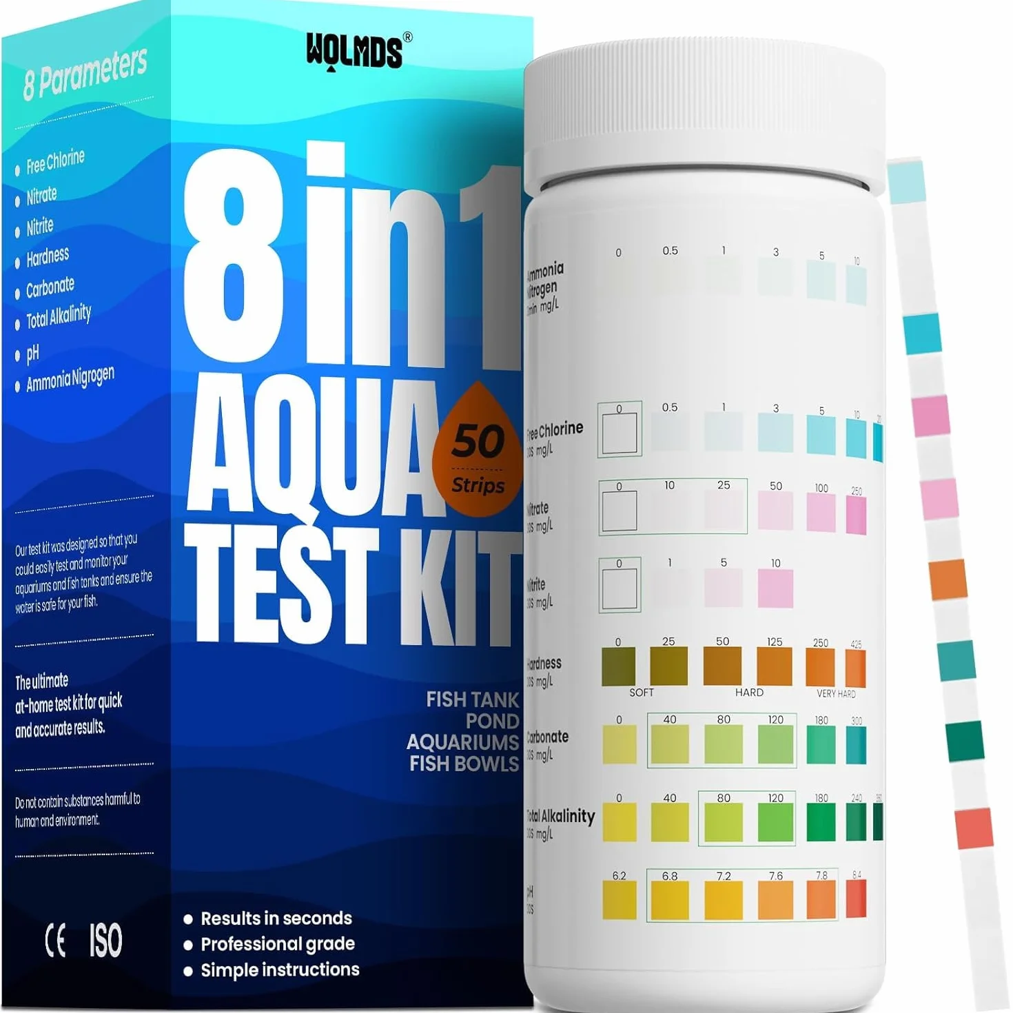 Bandelettes de test d'aquarium 8 en 1 – 50 tests rapides pour eau douce et salée, nitrite, ammoniac