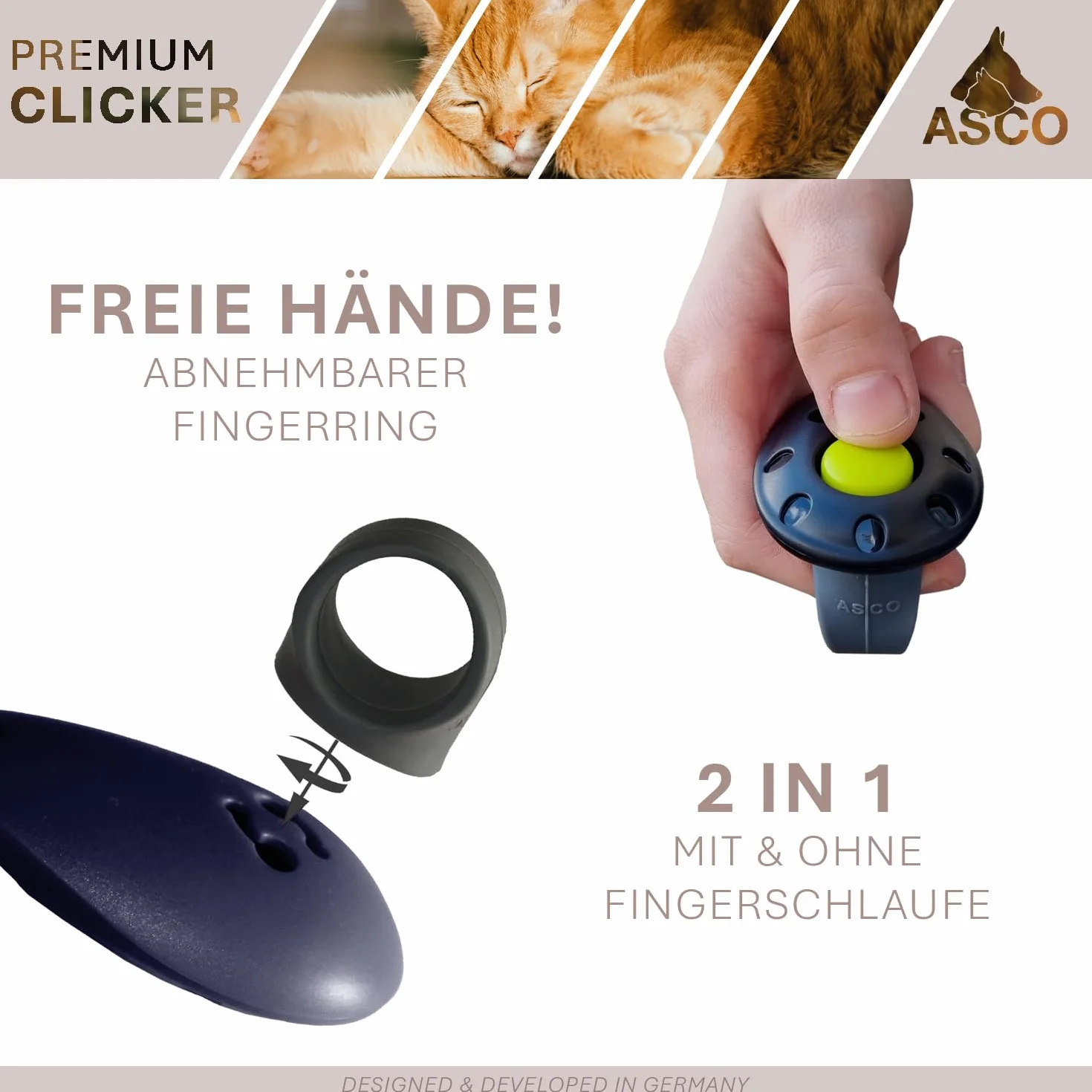 ASCO Finger Clicker, clicker Haut de Gamme pour Le Dressage au clicker, Chiens, Chats, Chevaux, clicker Professionnel, clicker pour Le Dressage des Chiens, Noir AC01F