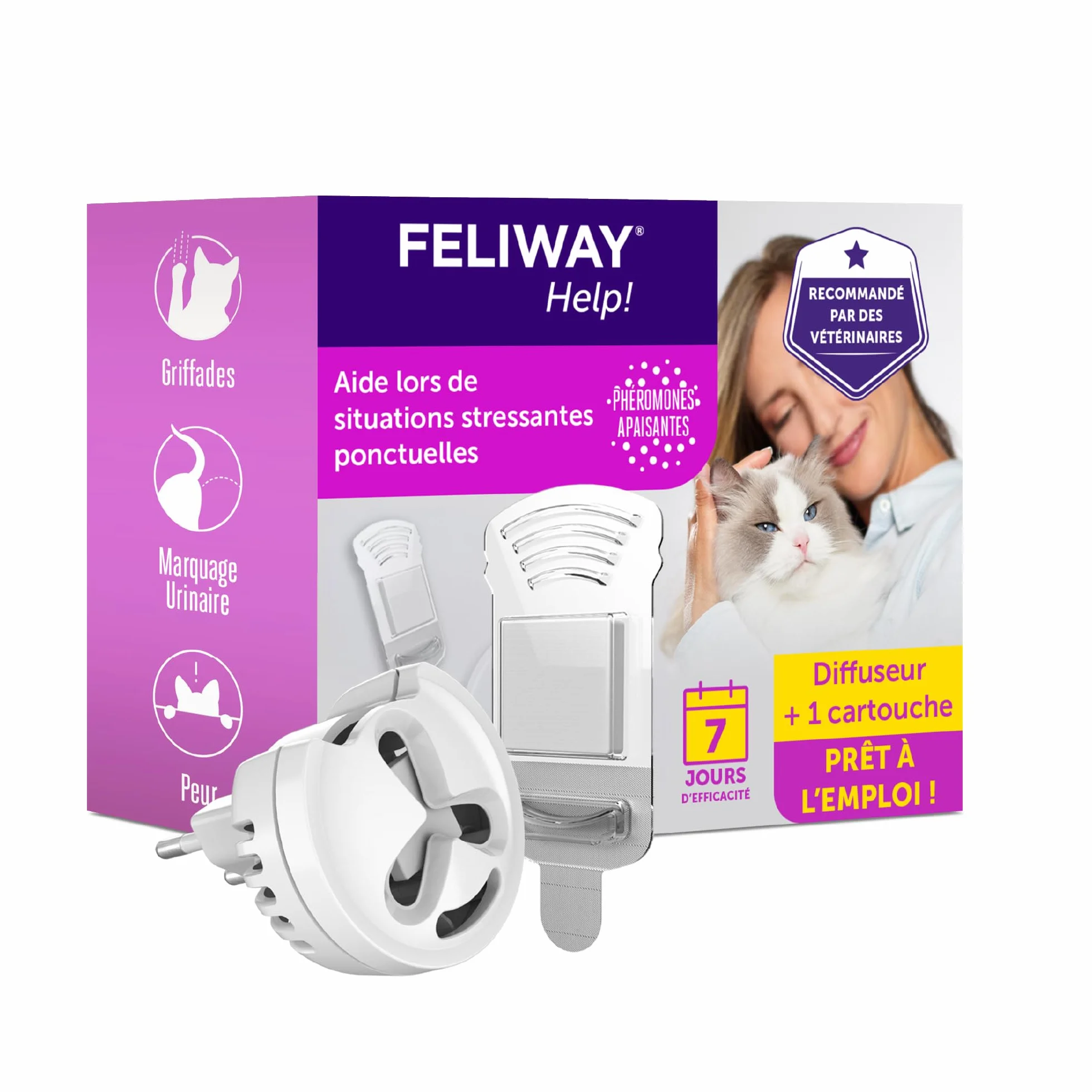 FELIWAY Help! Diffuseur Recharge phéromones apaisantes Chats 7 Jours Calmer Stress ponctuel Recommandé vétérinaires