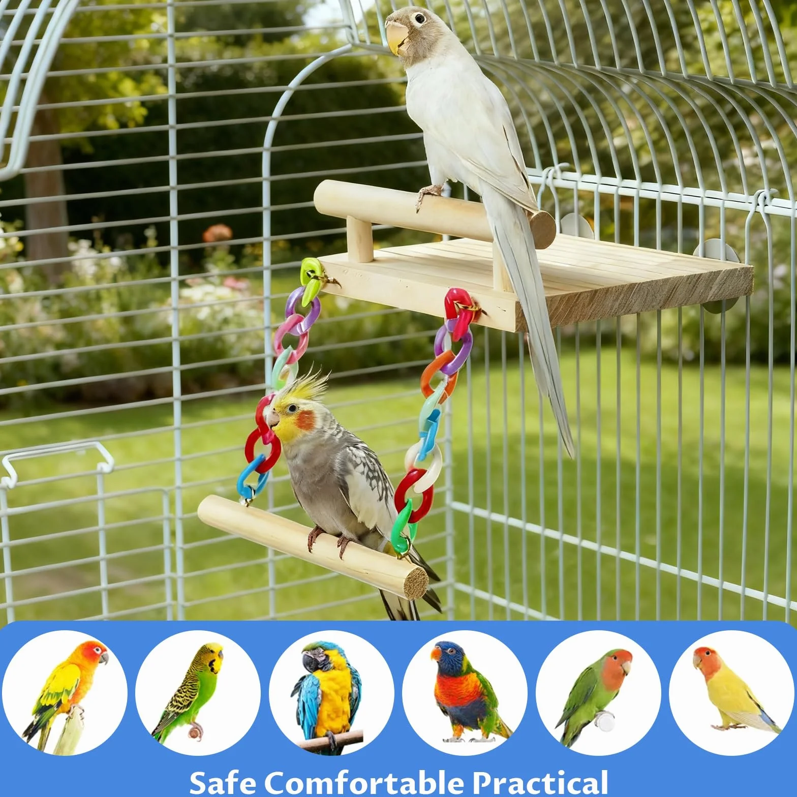 Perchoirs à Oiseaux en Bois avec Balançoire, Jouet Perroquet à Mâcher pour Pinsons, Perruches, Calopsittes, Cacatoès