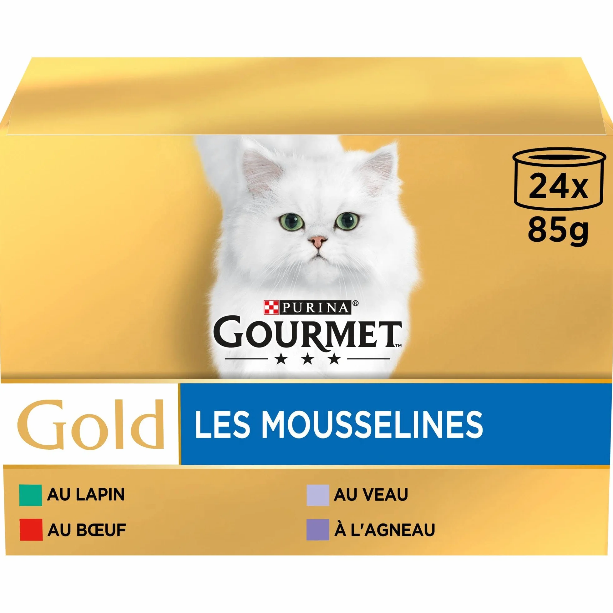GOURMET GOLD Chat Les Mousselines Aliment Complet pour Chat Adulte Lapin Bœuf Veau Agneau Boite Lot de 4 (24x 85 g)