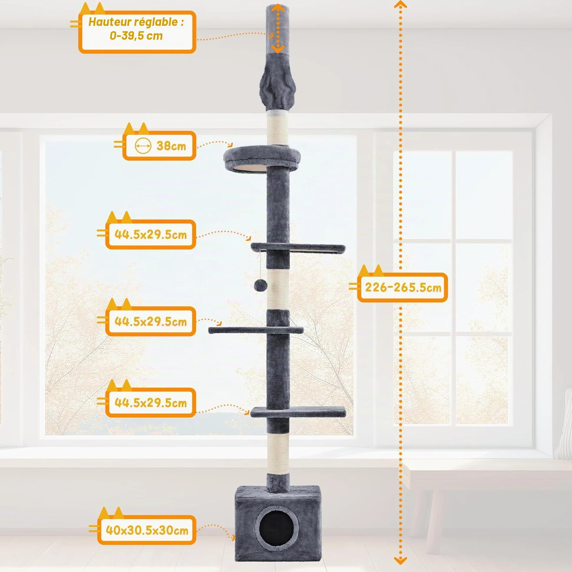 Abician Arbre à Chat du Plafond Poteau à griffer Réglable en Hauteur 226-265 cm avec Niche Chat Gris foncé