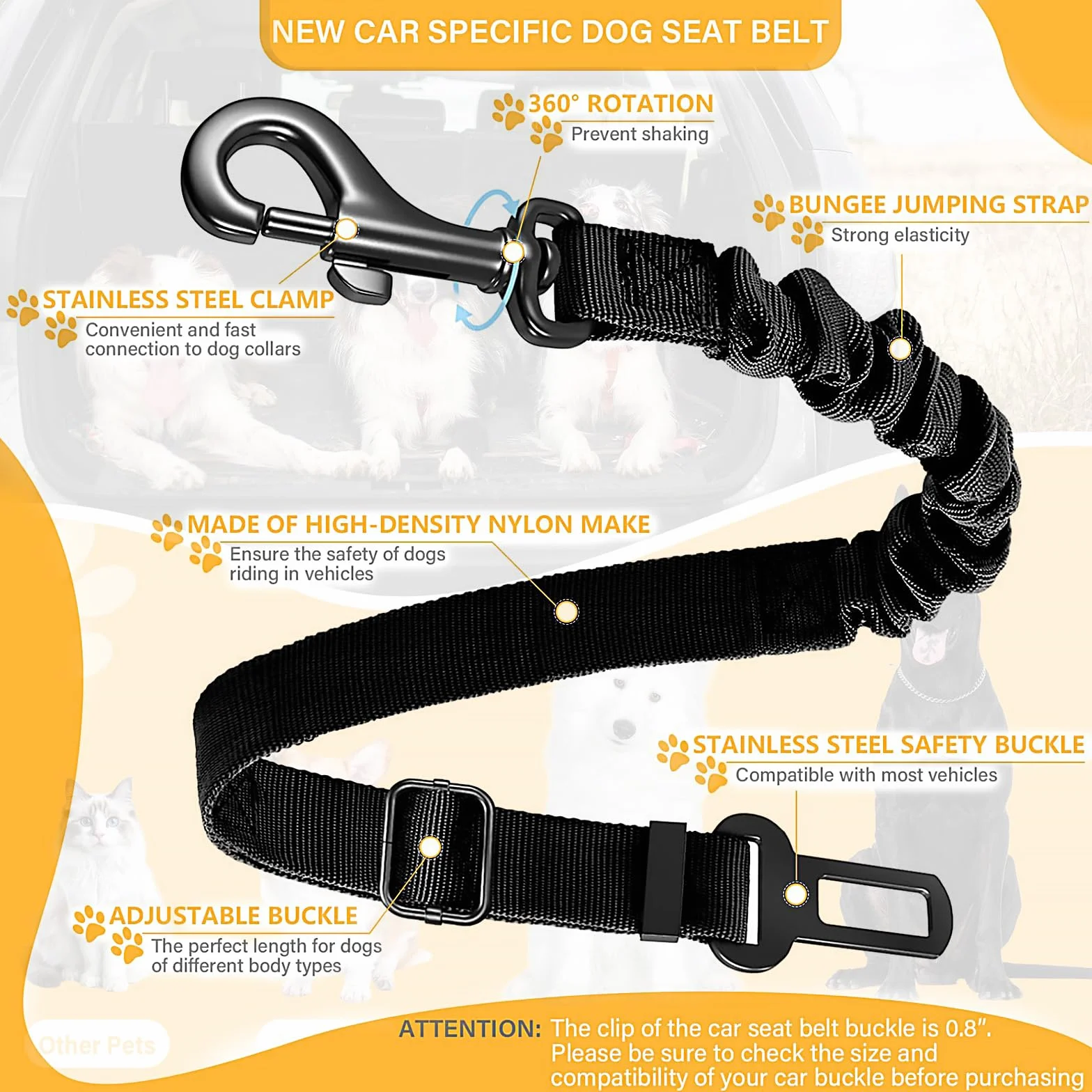 Ceinture de sécurité pour chien pour voiture, harnais réglable à double usage, ceinture de sécurité pour animal de compagnie, pour tout type de voiture, accessoire de voyage pour chien