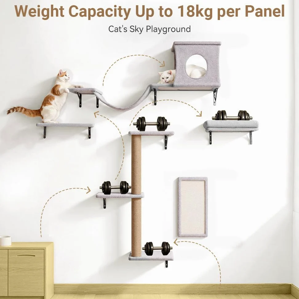 PawGiant Ensemble de mur d'escalade 5 en 1 pour chat, éléments muraux en bois, gris clair | Ensemble mural stable pour chat avec arbre à chat, planche à chat, niche, pont suspendu et repos, jusqu'à 18 kg