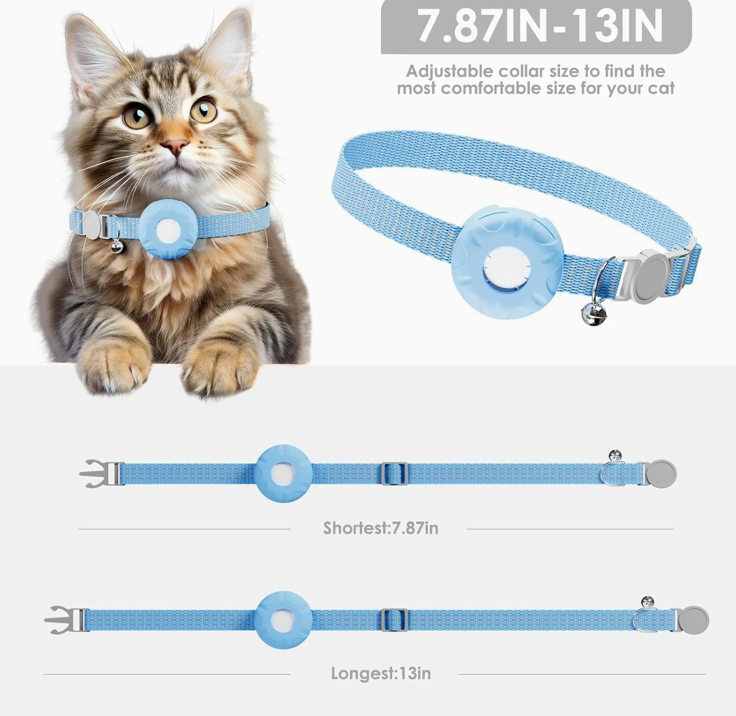 Collier de suivi pour chat avec étiquette de localisation et support de suivi, pas de frais mensuels, compatible avec Apple Find My (iOS uniquement), bande réfléchissante avec clochette (bleu)