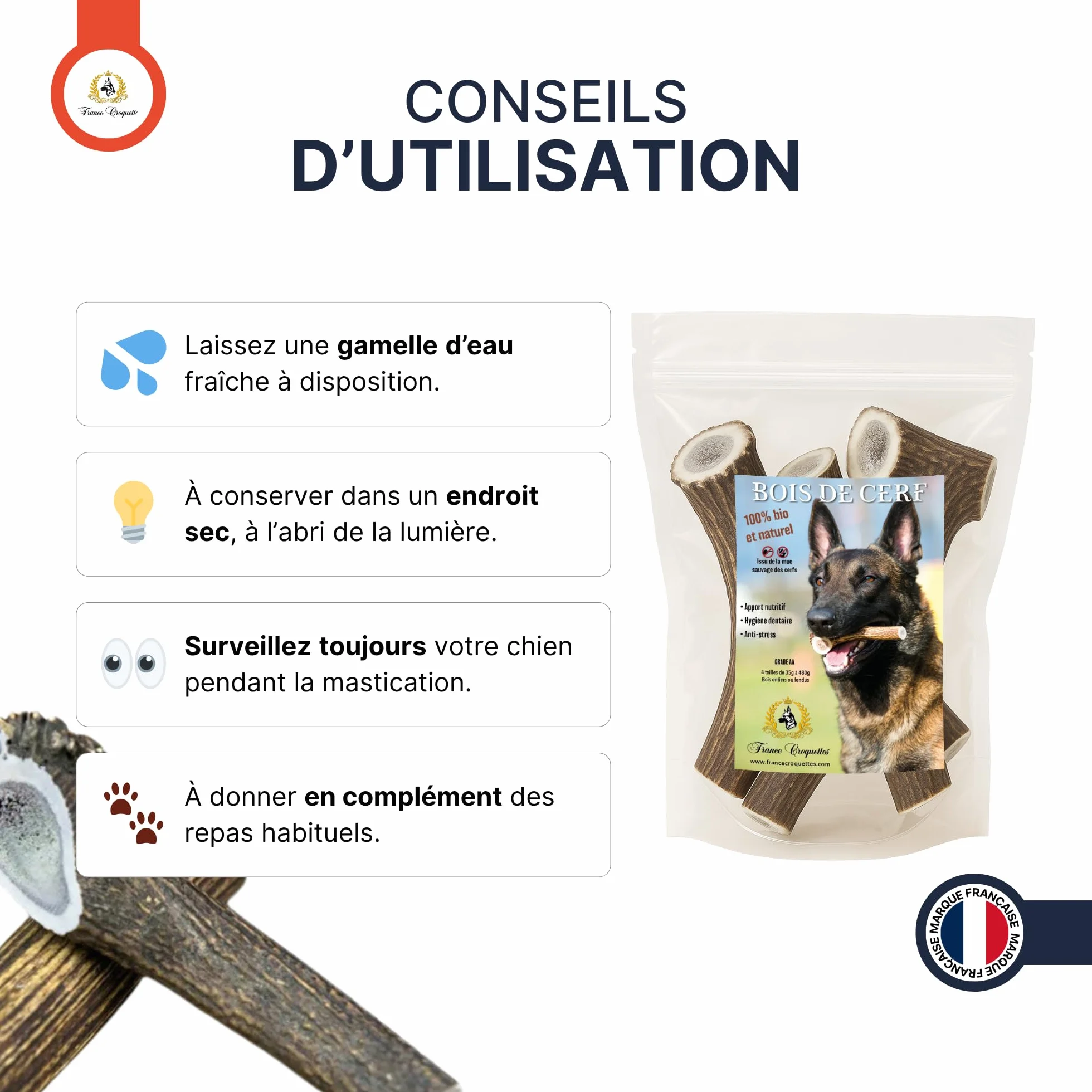 Bois de Cerf XXL Entier 200-300 g pour Chien Moins de 50 kg, Friandise Naturelle à Mâcher Longue Durée