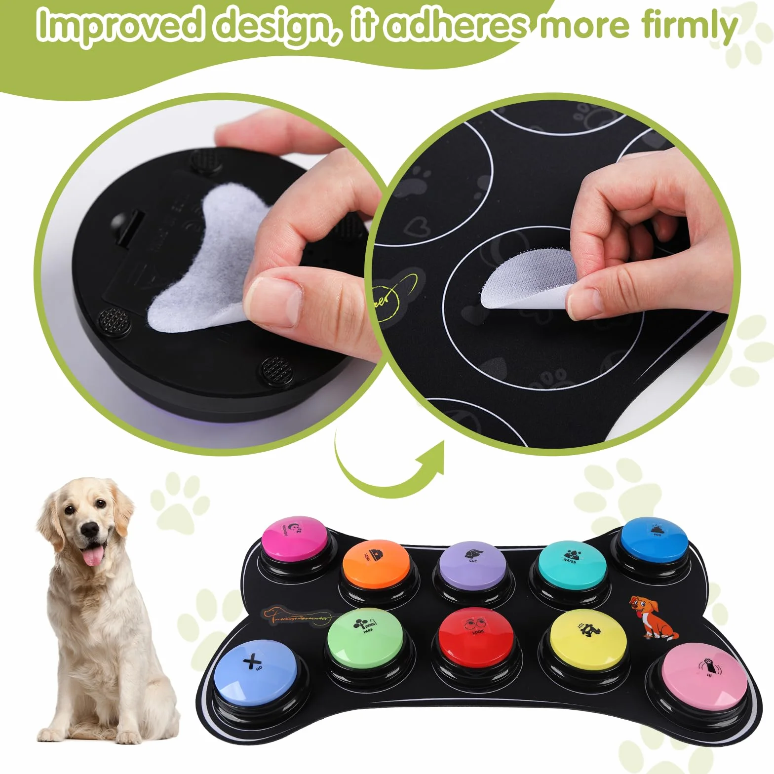 Boutons pour chiens pour la communication Kit de démarrage de 10 boutons pour chiens 30S Boutons d'entraînement enregistrables HD avec tapis antidérapant imperméable + 50 autocollants de scènes