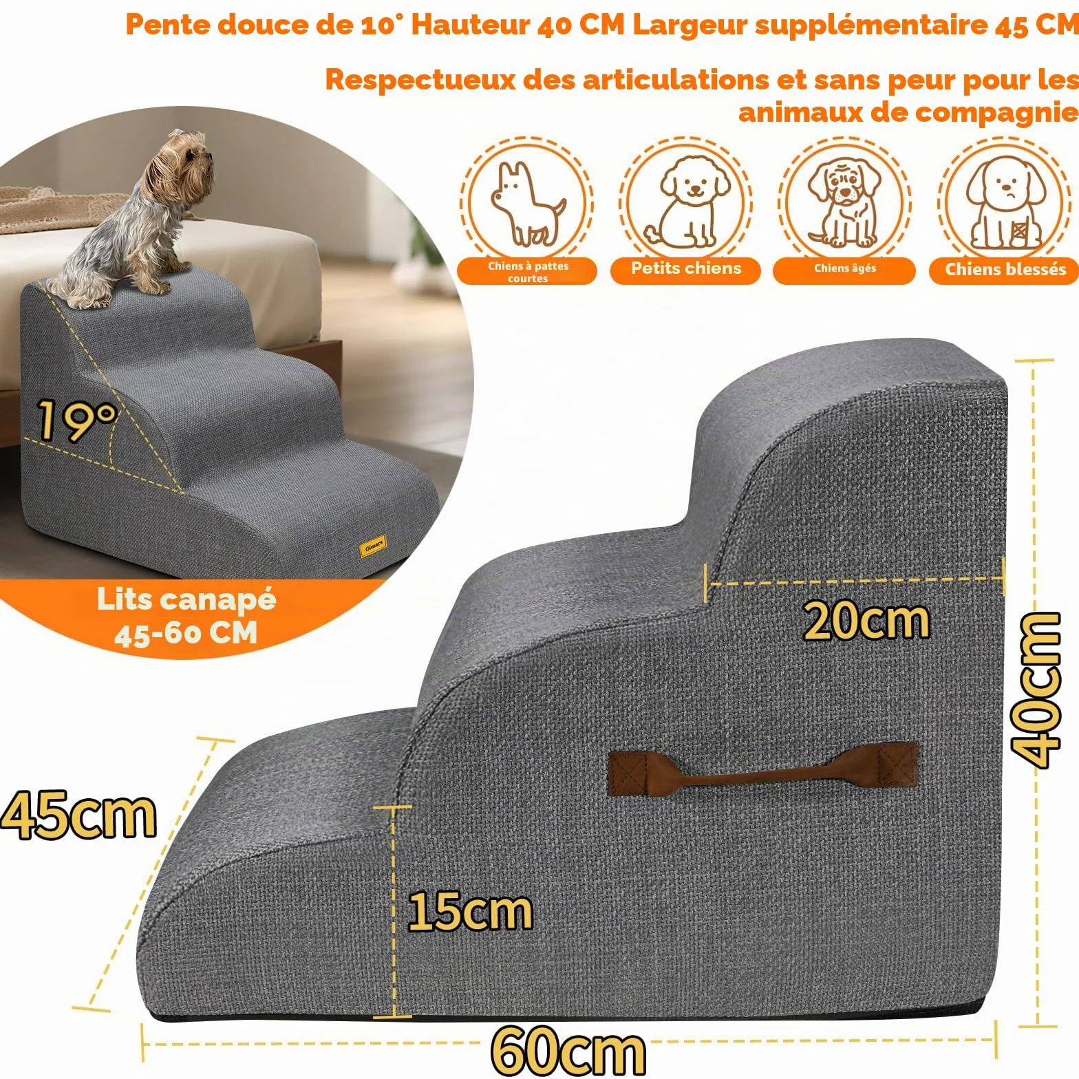 Gimars Escalier Robuste Extra Large pour Chiens en Mousse Haute densité 30D Anti-dérapant