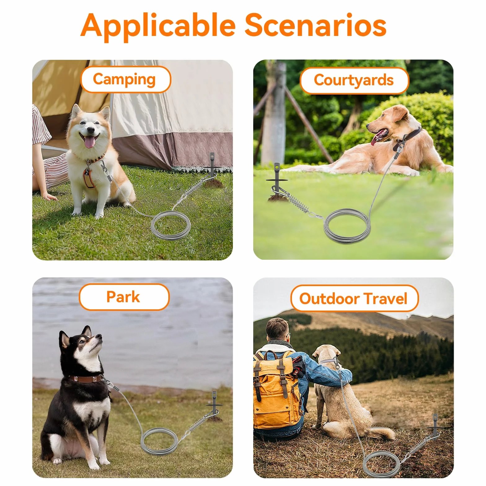 Câble d'arrimage robuste 9,1 m pour chien avec piquet pivotant 360° ancrage sol jusqu'à 99,8 kg extérieur