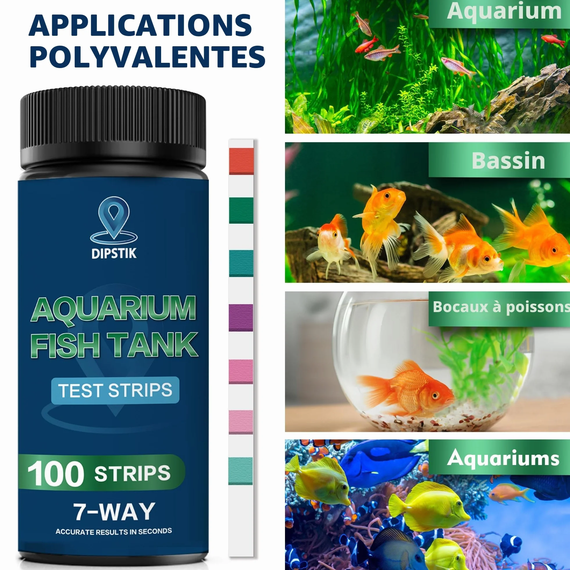 Bandelette de Test Eau 7 en1 pour Aquarium - Alcalinité Totale, Dureté Totale, Dureté Carbonatée, PH, Nitrite, Nitrate, Chlore (100 Bandelettes)