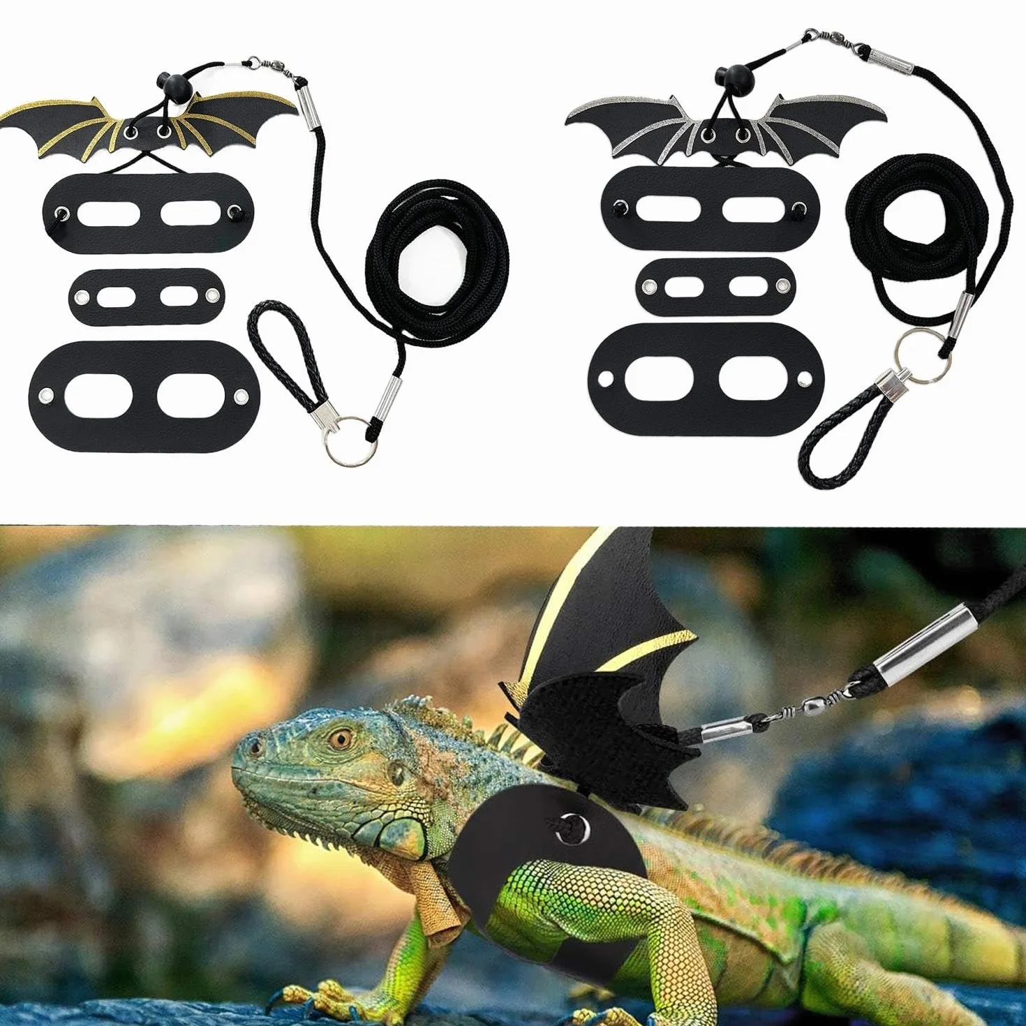 2 pièces Laisse Traction Aile Lézard, Laisse Lézards avec Aile, Harnais Cuir Souple Amphibiens, Harnais D'aile Cuir Reptile, pour Animaux Reptiles Petite, Moyenne et Grande Taille (Or, Argent)