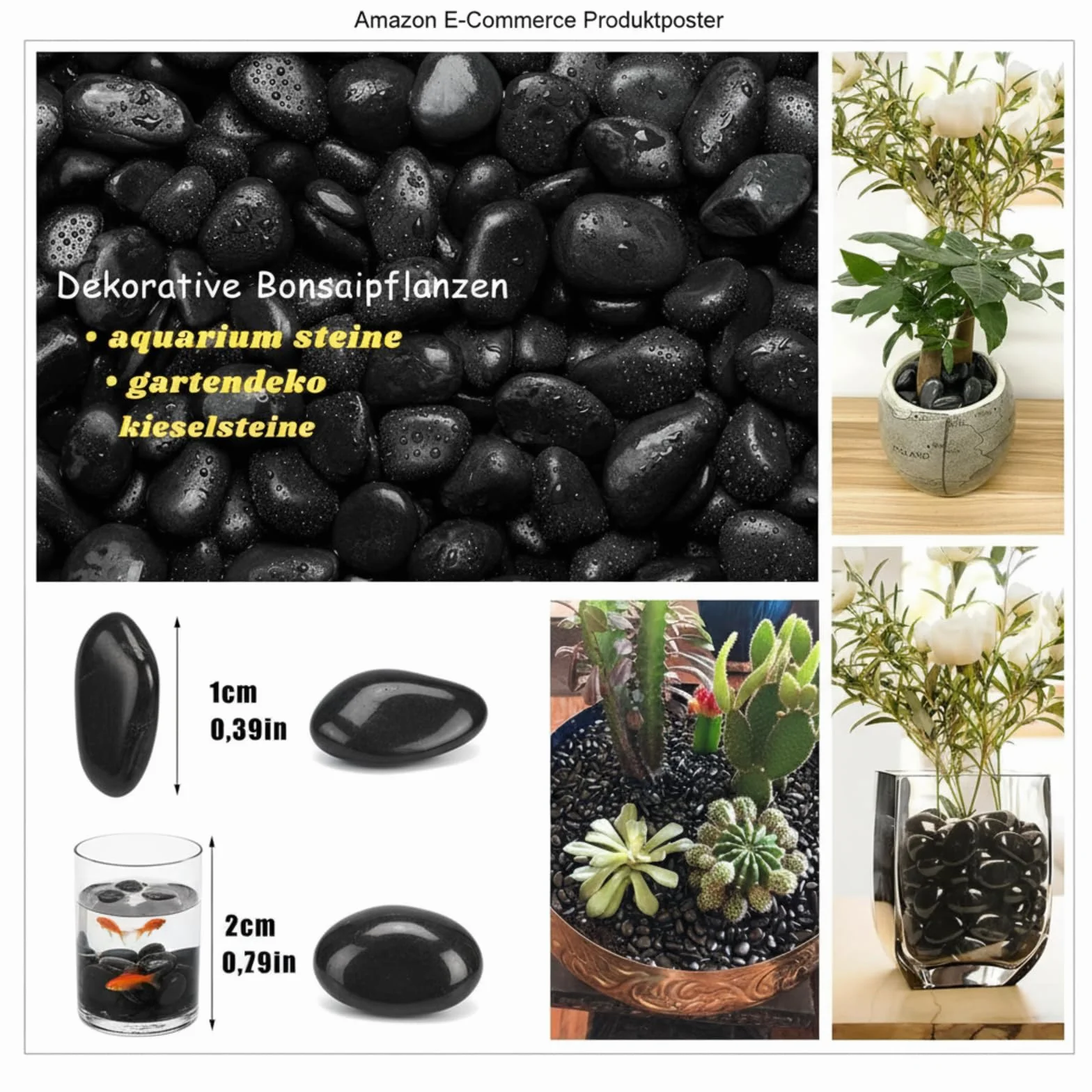 Galets Naturels Noir Poli 1 kg 3-5 cm Décoratifs pour Aquarium Jardin Plantes Bambou
