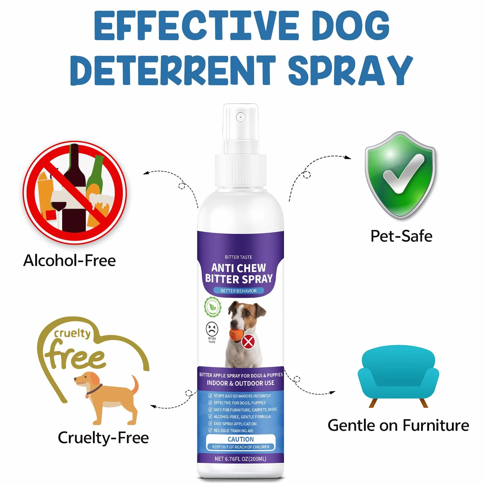 Spray anti-mastication pour chiens pomme amère 200 ml arrêter mâcher empêcher léchage plaies protège meubles chaussures bandages sans alcool