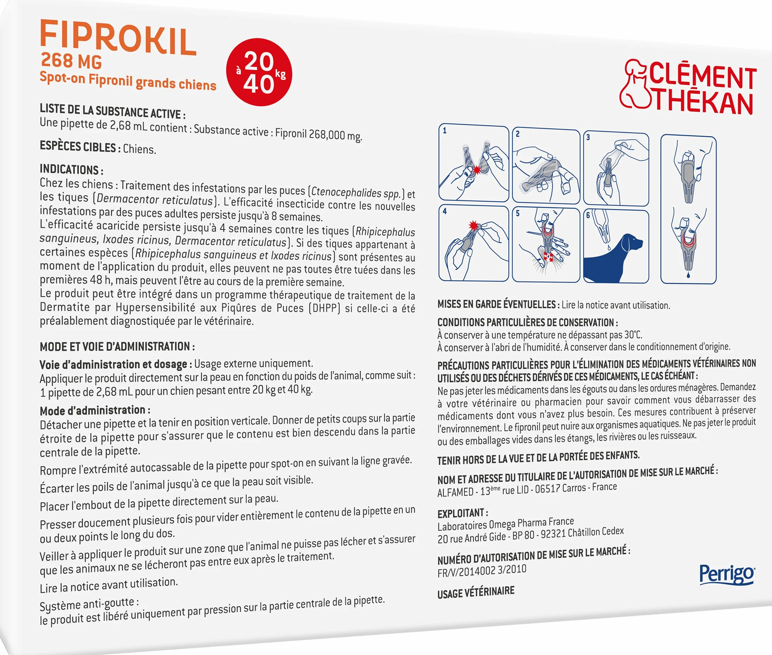 Clément Thékan - Anti-puces et anti-tiques pour grands chiens de 20 à 40 kg - 4 pipettes - Solution pour Spot-on Fiprokil 268 mg