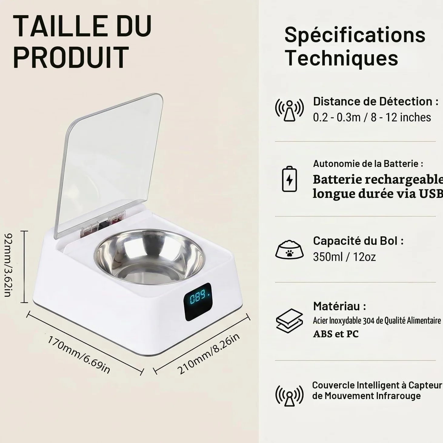 Mangeoire automatique pour chats, 350 ml, avec capteur infrarouge, gamelle automatique avec couvercle à charnière, pour chiens et chats de petite et moyenne taille, pour nourriture humide et sèche