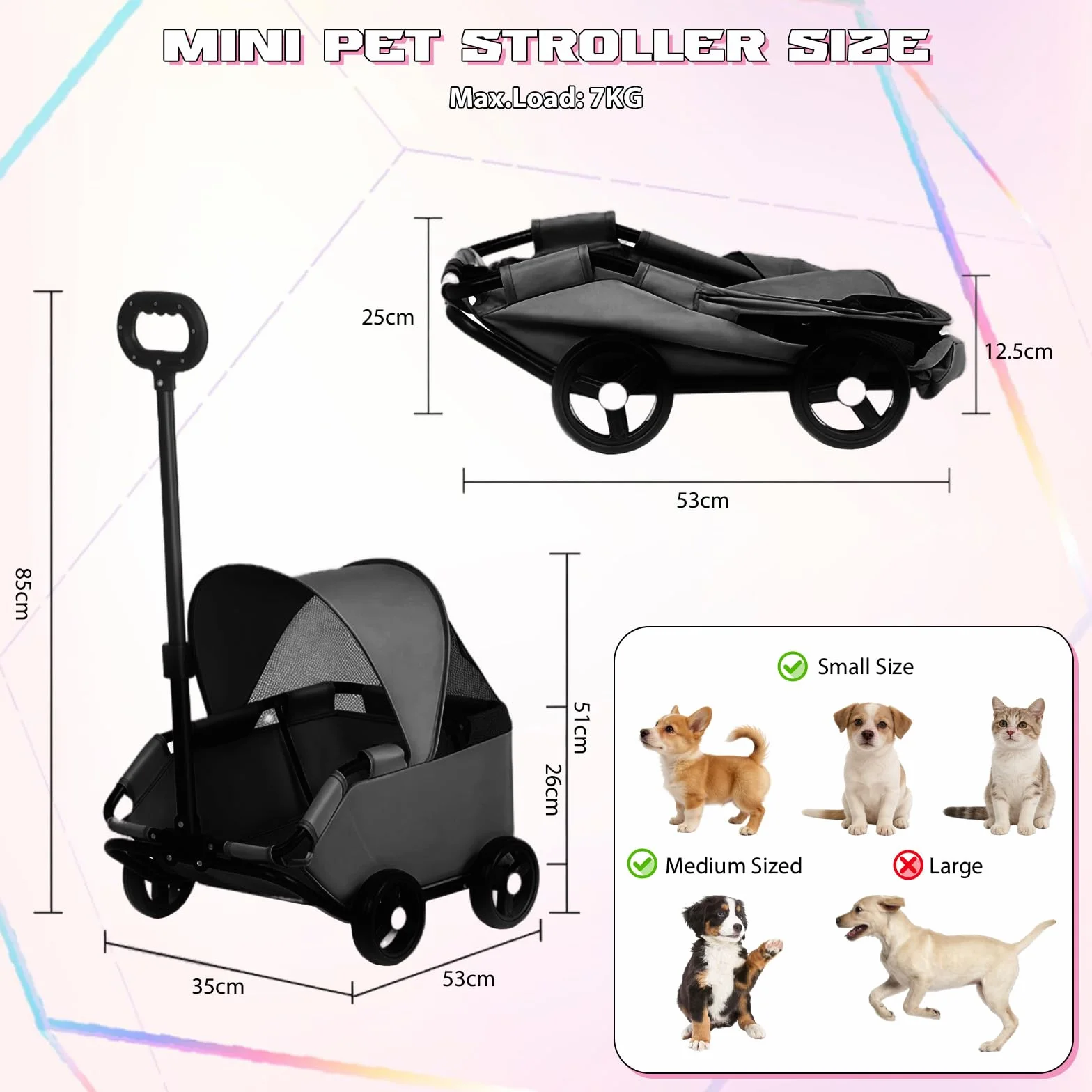 Chariot Pliable pour Chien 4 Roues avec Barre Pivotante 360° Poussette pour Chat Visière Solaire Tissu Oxford 600D Noir
