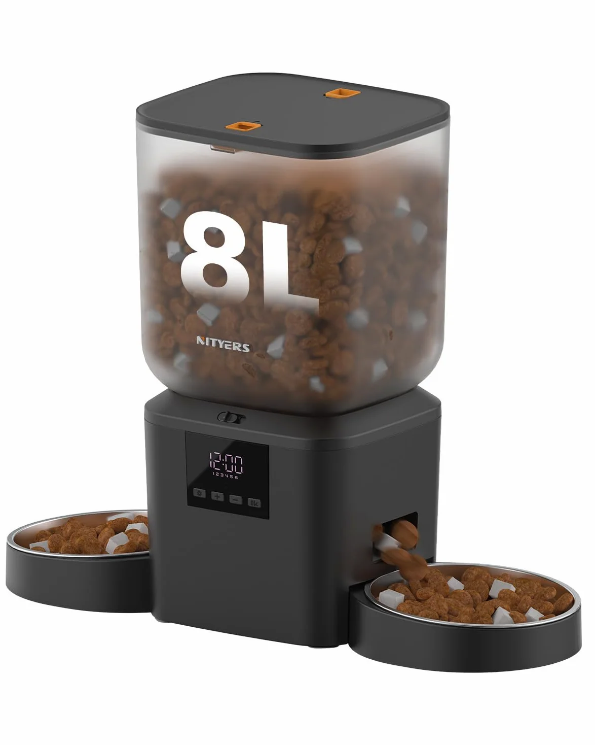 Distributeur Croquettes Chat Automatique 2 Bols, 8L Grande Capacité | Croquettes Jusqu'à 18mm, 2 Bols en Acier Inoxydable, Nettoyage Facile, Idéal pour Chats et Chiens Multiples