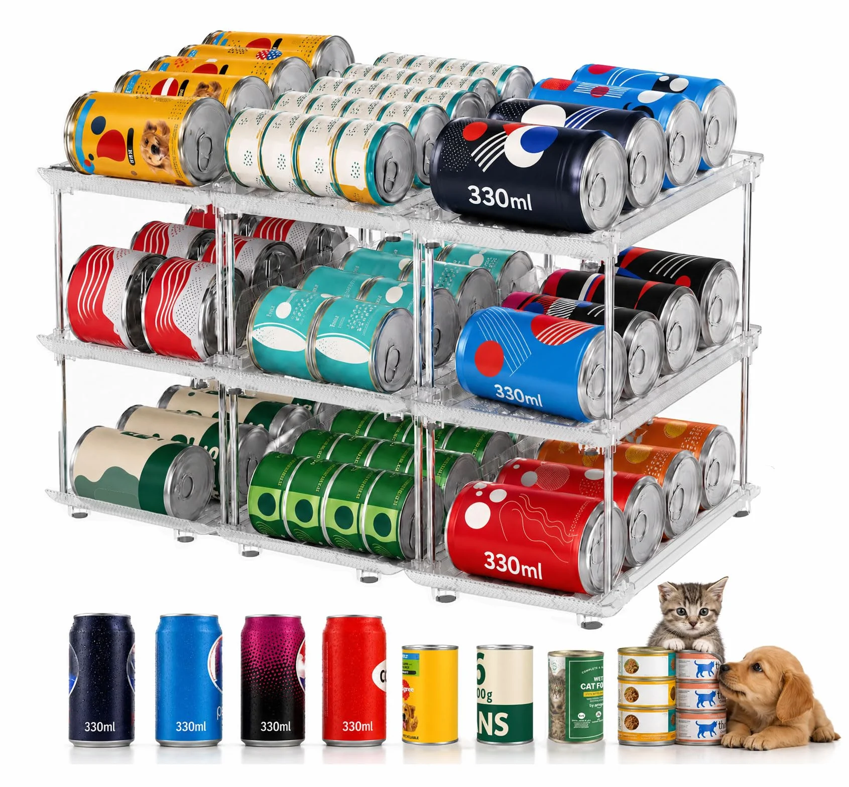 Organisateur de Canettes & Boîtes de Conserve pour Garde-Manger – Distributeur 3 Niveaux Empilable pour Placard Cuisine & Frigo – Rangement Ajustable pour Conserves, Sodas & Pâtée Chat