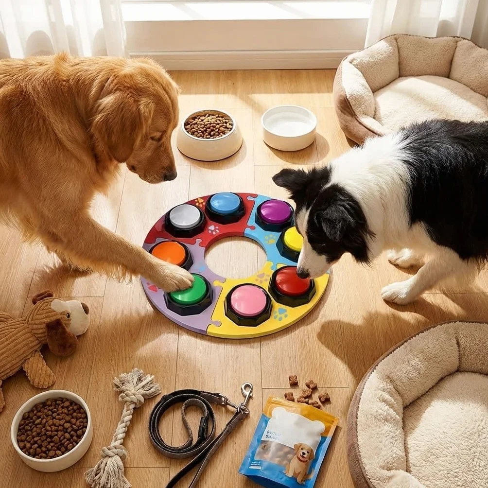 8 Boutons de Communication pour Chien colorés, Bouton de Conversation pour Chien, Bouton pour Chien, 50 Autocollants et 4 plaques d'accessoires pour Apprendre à Votre Chien à Parler