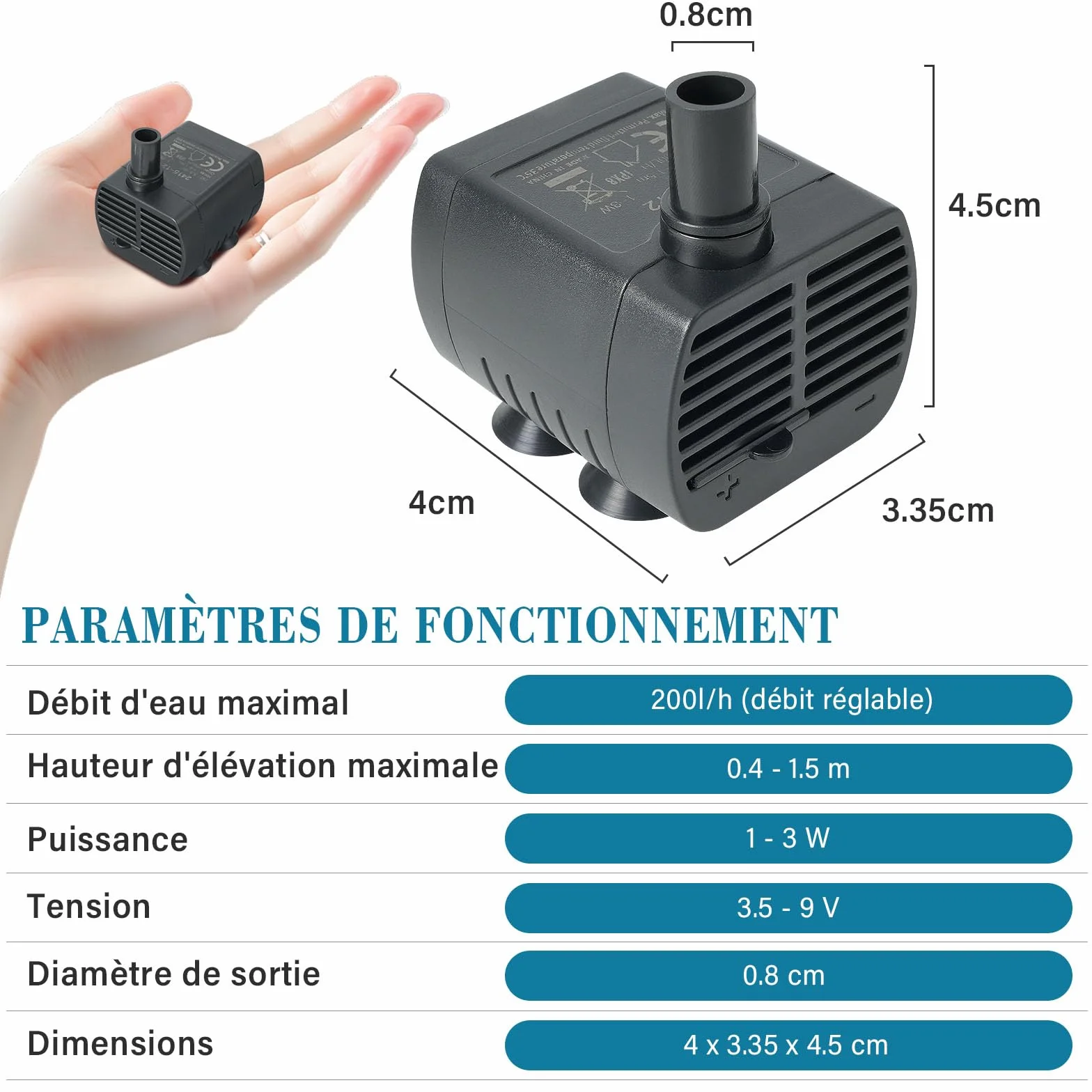 Pompe à eau aquarium silencieuse 200L/H réglable 1-3W USB