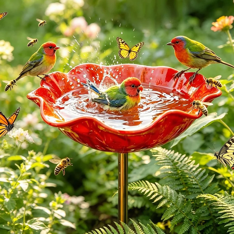 Abreuvoir Oiseaux Métal Motif Fleurs, Bain Oiseau Décoratif Résistant Intempéries, Piquet Jardin Fleur Métal Fait Main (Rouge)