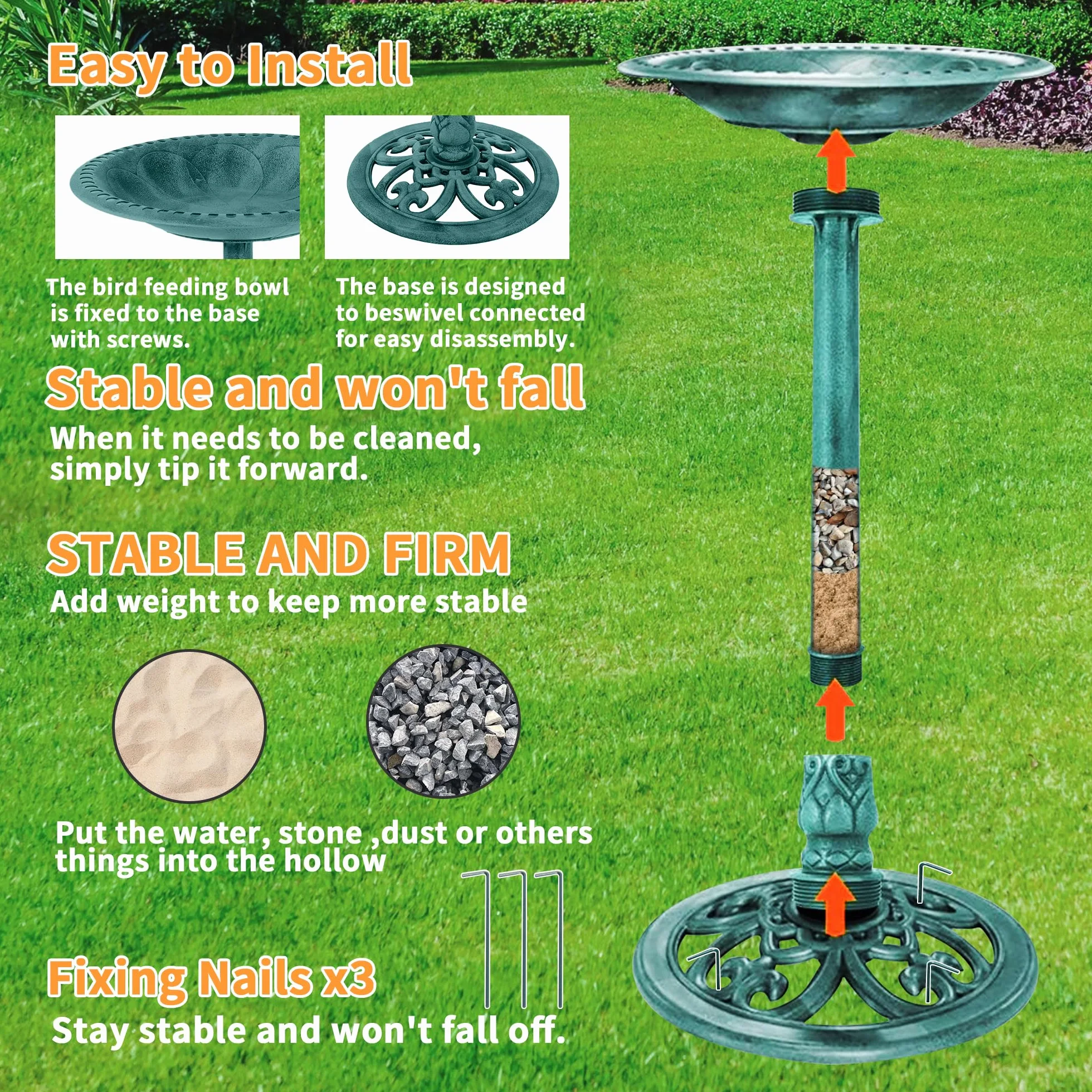 Bain d'oiseaux Vertical avec Fontaine Solaire, Distributeur de Nourriture pour Oiseaux Sauvages, 2 en 1, Vert