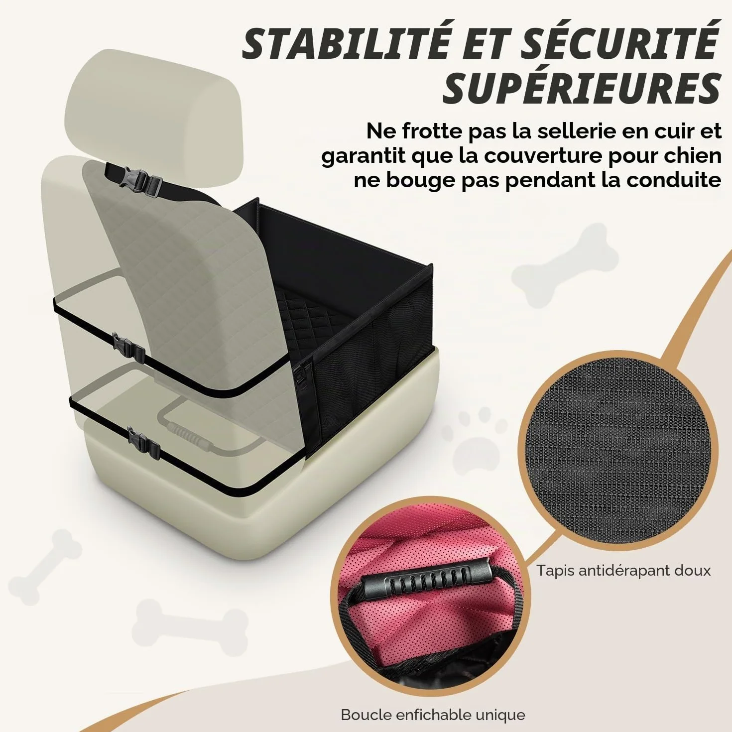 Siège Auto Chien Sécurisé Imperméable Anti-Griffes Filet Rangement Ceinture Sécurité Adjustable Noir