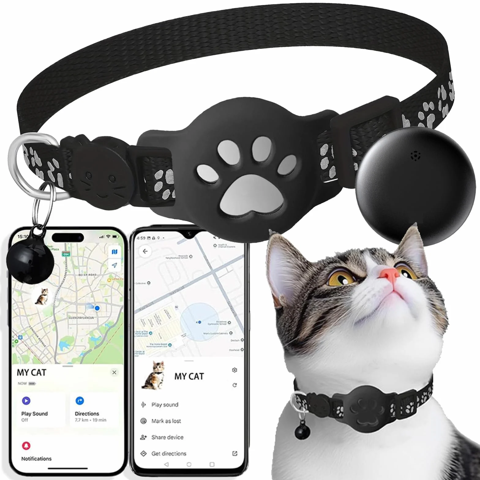 Collier GPS Chat Traceur sans Carte SIM Localisation Temps Réel Imperméable Noir