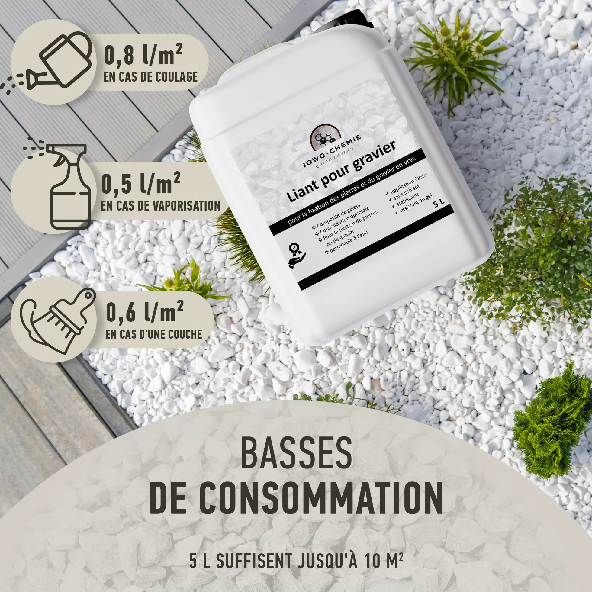 Liant pour gravier extérieur 5L – Stabilisateur de gravier & colle cailloux pour allées, terrasses et jardins | Fixateur drainant anti-déplacement pour gravier, pierre et galet décoratif.