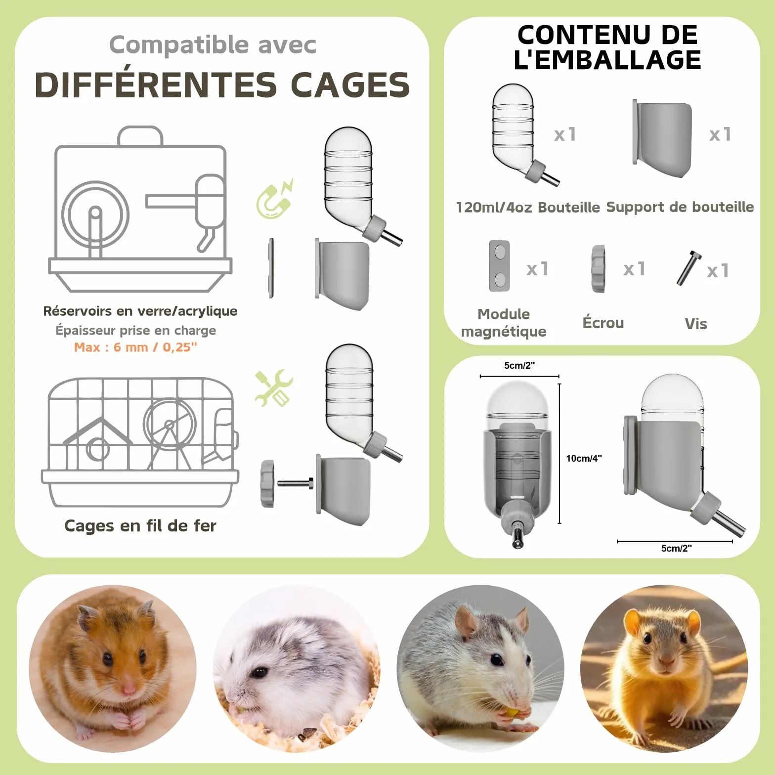 Bouteille d'eau pour Hamster avec stents magnétiques, Porte-Bouteille pour Aquariums en Verre, adaptée aux Hamsters syriens Nains, gerbilles, Souris, Rats, Degus