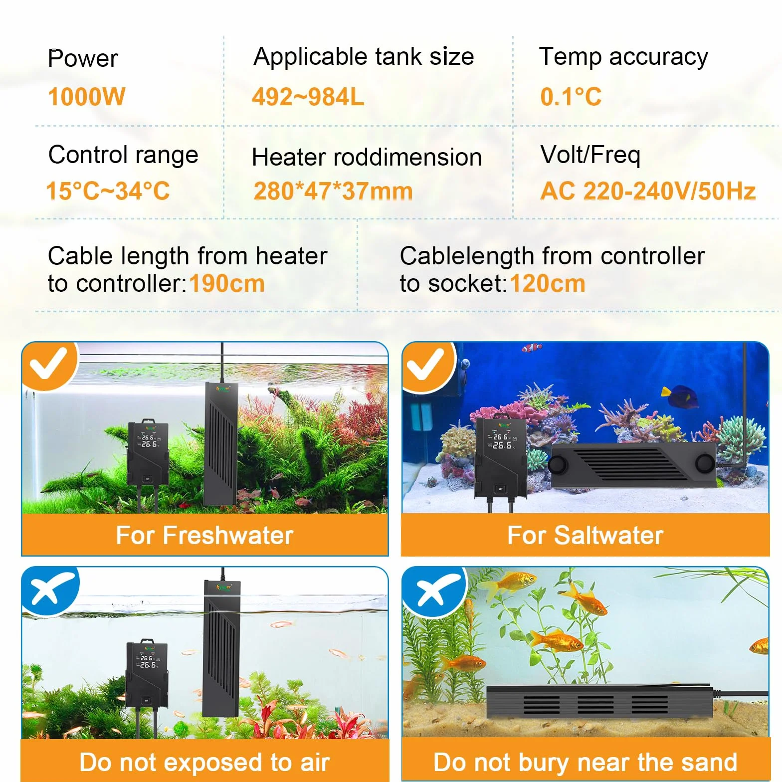 hygger Submersible Chauffage Aquarium,1000W Réglable Aquarium Heater Fish Tank Heater avec Digital Display Controller Chauffage Aquarium Tortue de 492-984L Freshwater Tanks