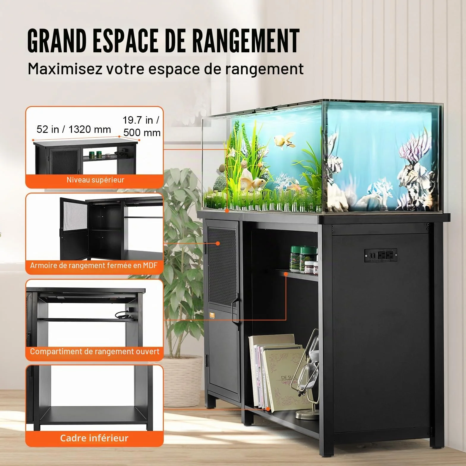 VEVOR Meuble pour Aquarium Charge 284 kg 132x50x82 cm Acier MDF avec Armoire Rangement Prise Électrique