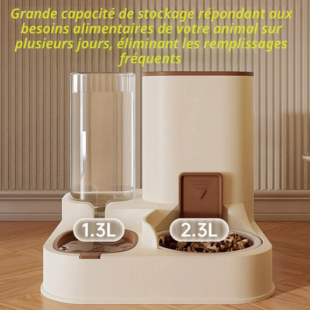 Distributeur de Nourriture Automatique 2 en 1 pour Chiens Chats, avec Bac Eau et Rabat Réglable