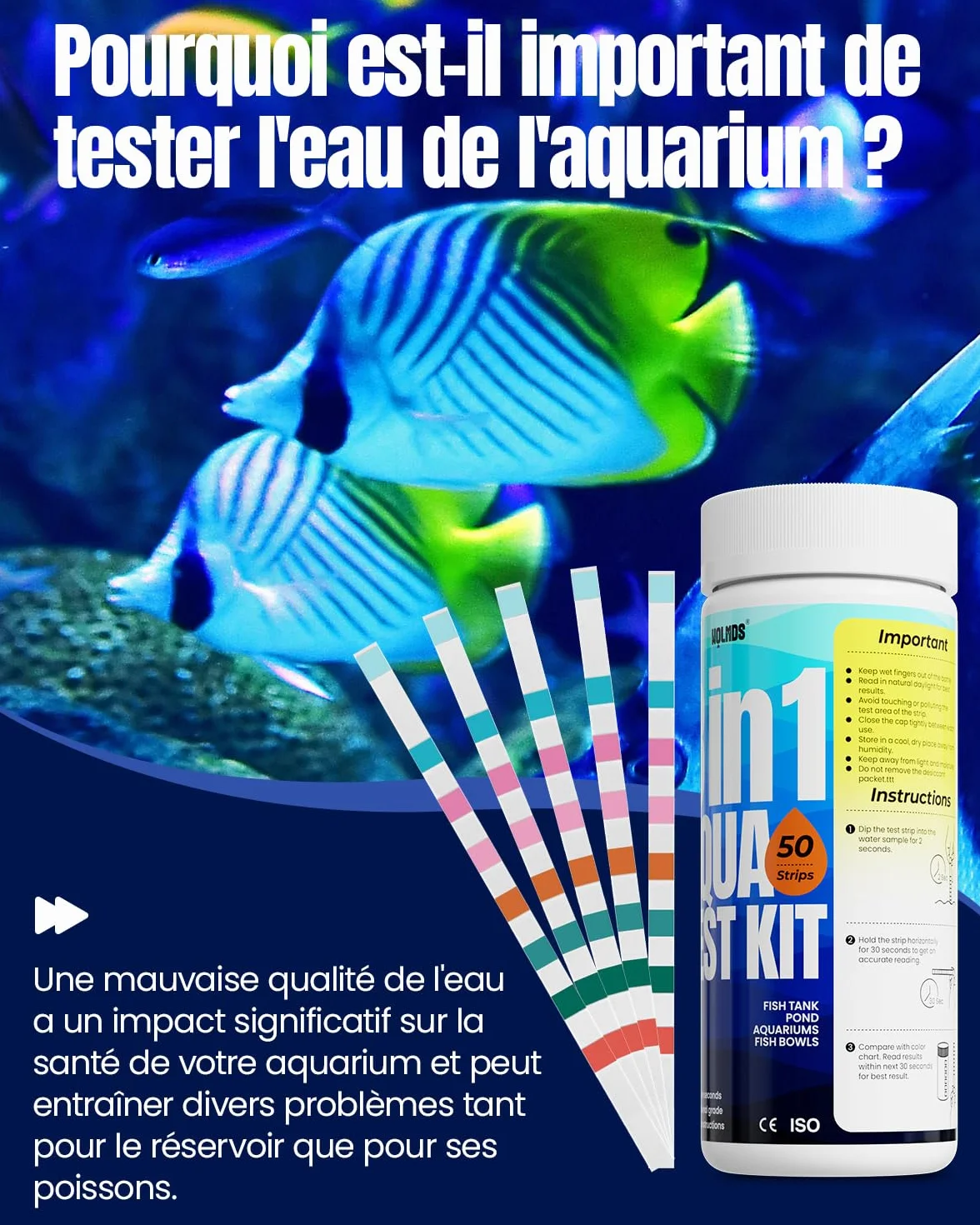 Bandelettes de test d'aquarium 8 en 1 – 50 tests rapides pour eau douce et salée, nitrite, ammoniac